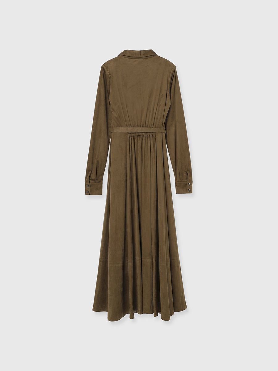 麂皮開領喇叭裙連衣裙