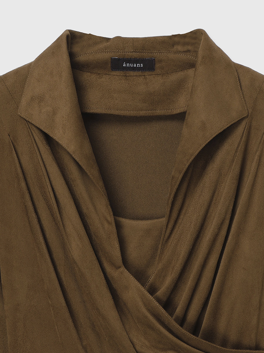 麂皮開領喇叭裙連衣裙