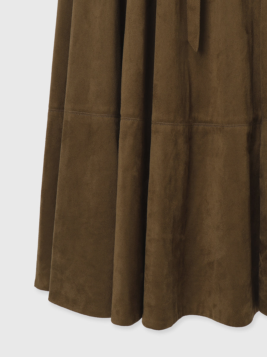 麂皮開領喇叭裙連衣裙