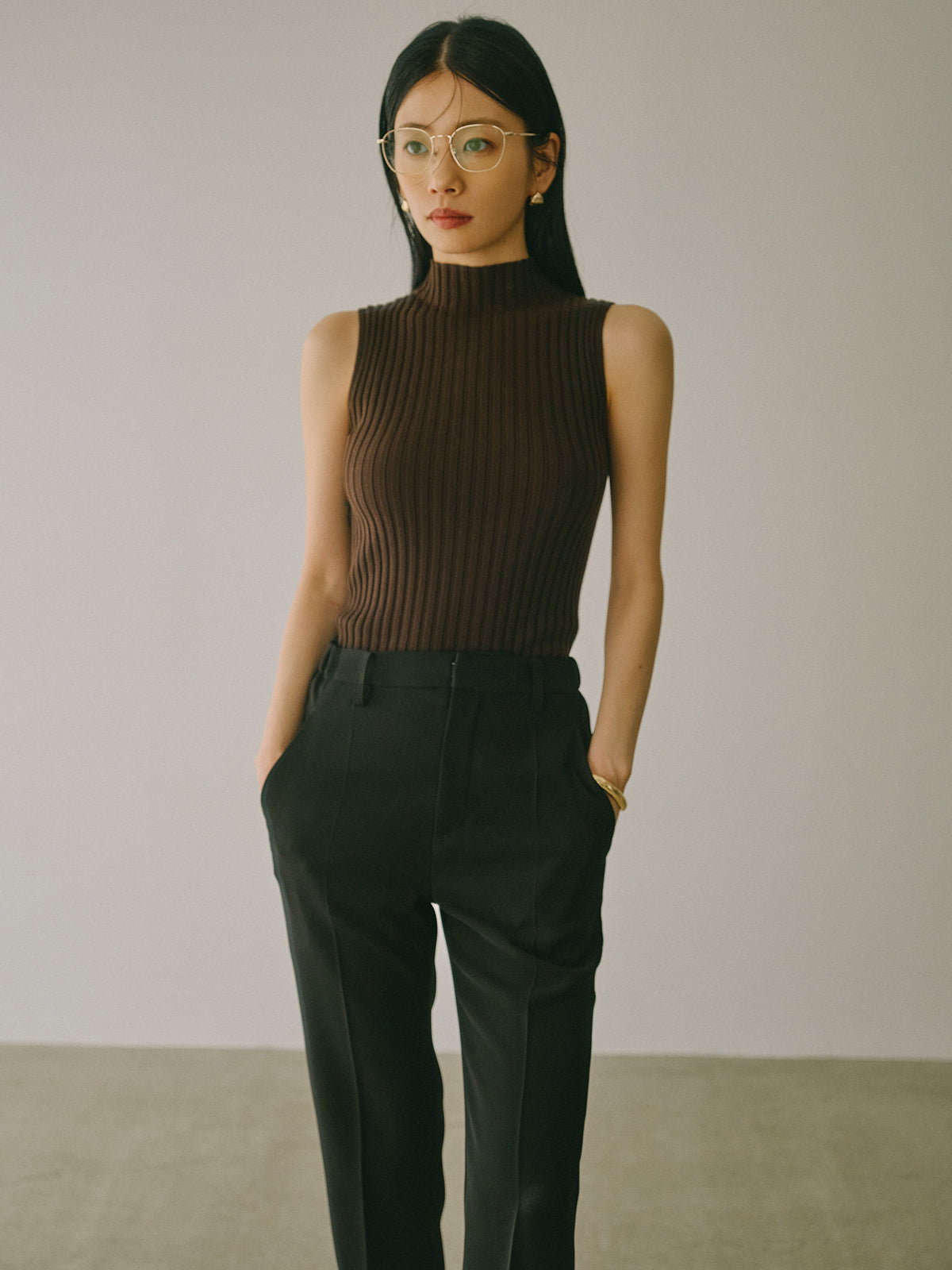 ノースリーブウールリブニットトップス