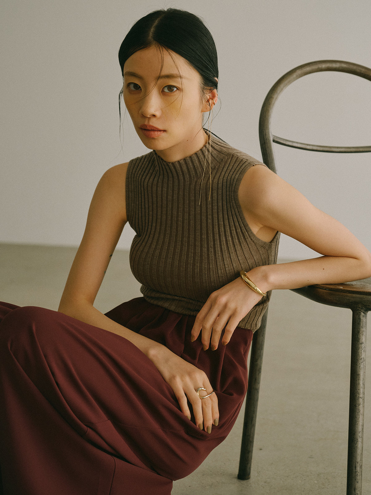 ノースリーブウールリブニットトップス