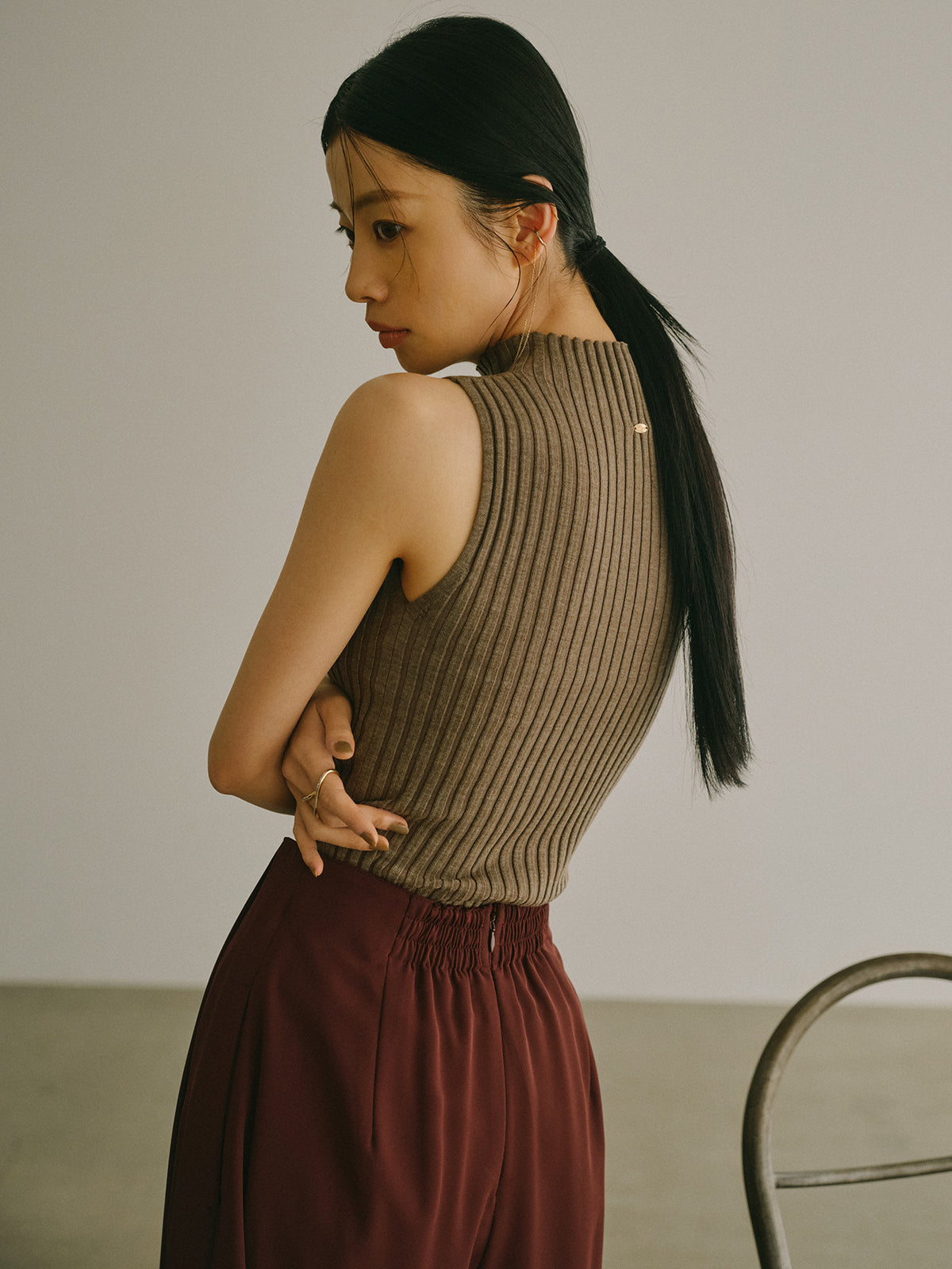 ノースリーブウールリブニットトップス