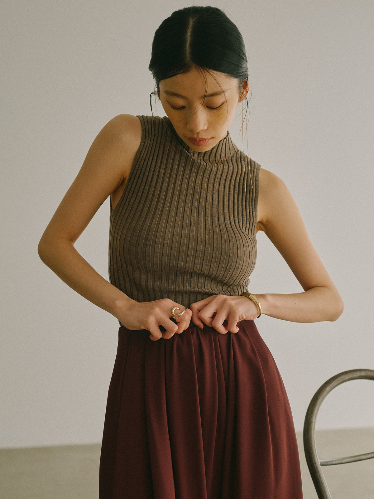 ノースリーブウールリブニットトップス