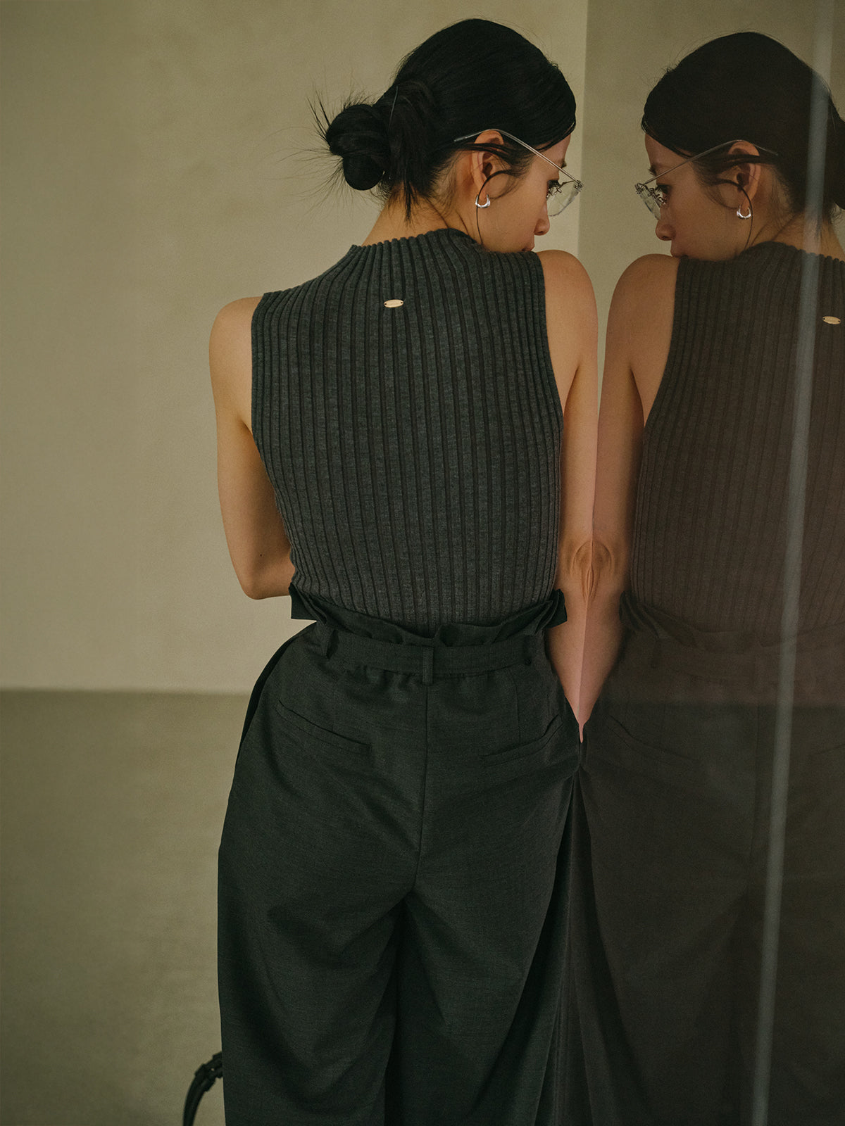 ノースリーブウールリブニットトップス