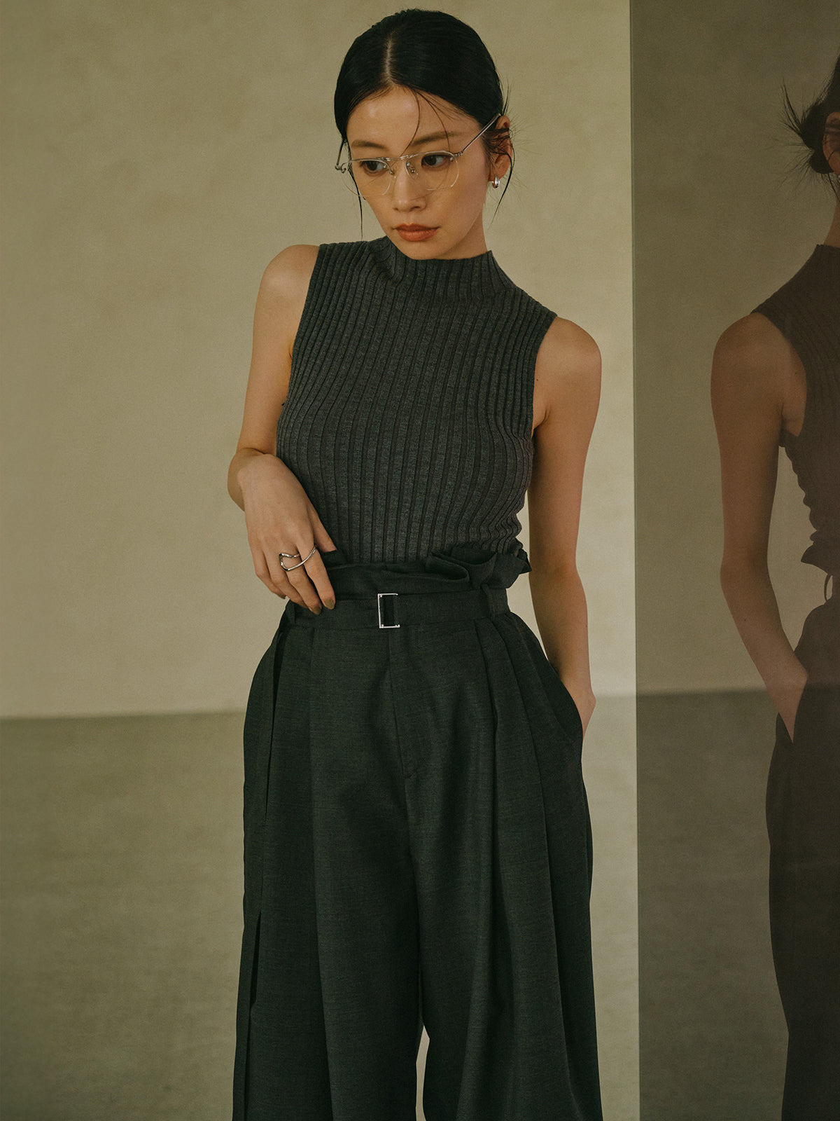 ノースリーブウールリブニットトップス