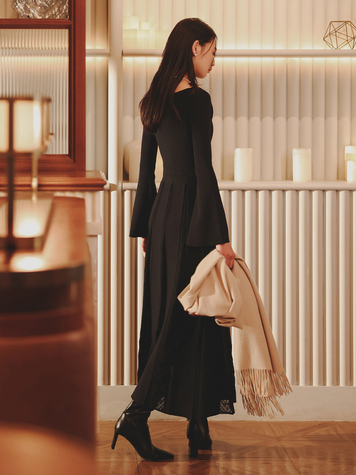 モヘアプリーツニットワンピース