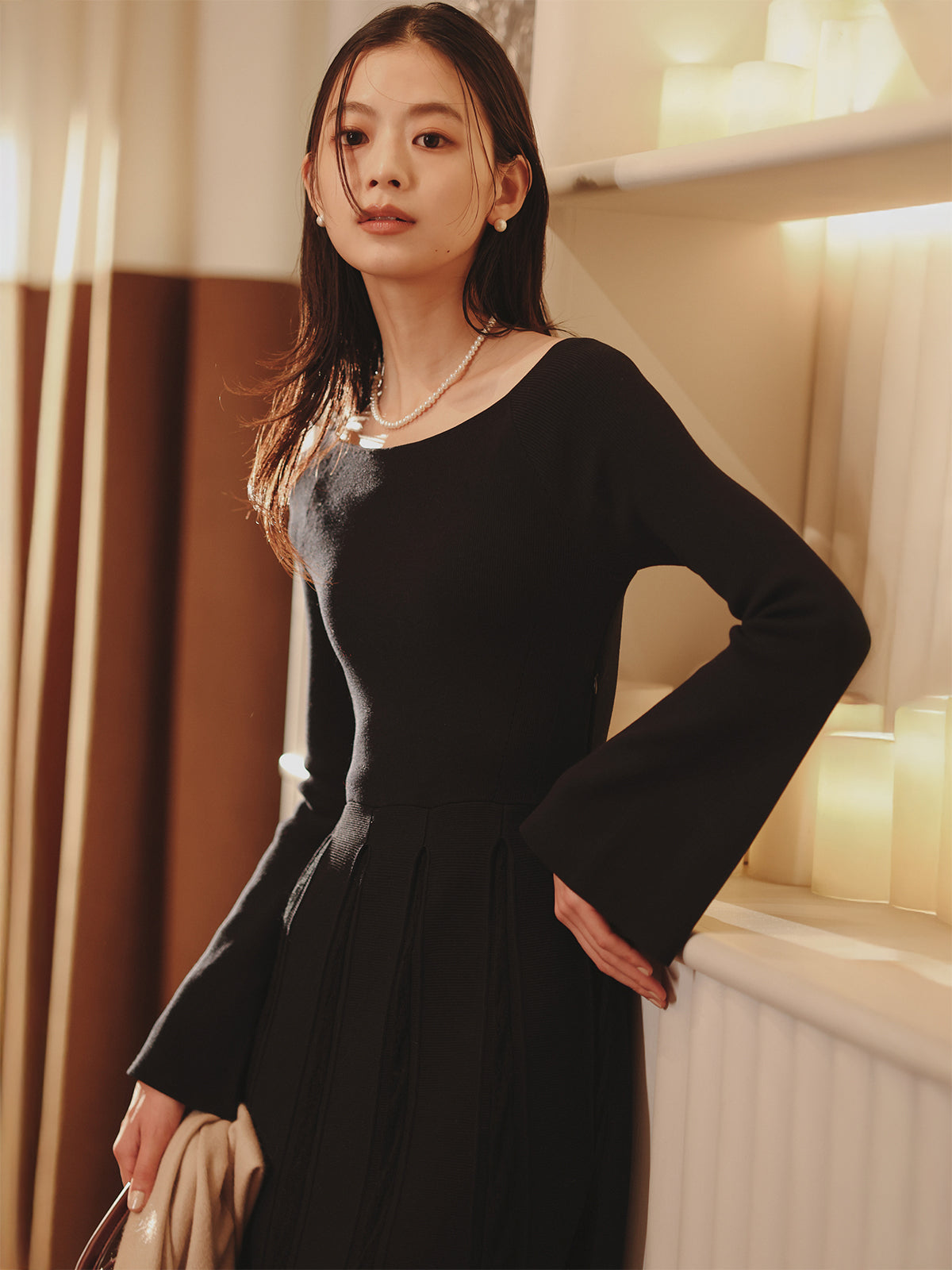 モヘアプリーツニットワンピース