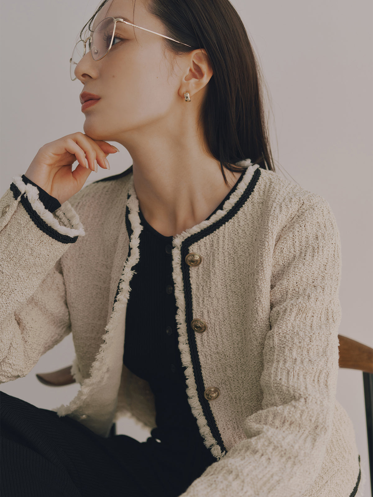 クラシカルノーカラーニットジャケット