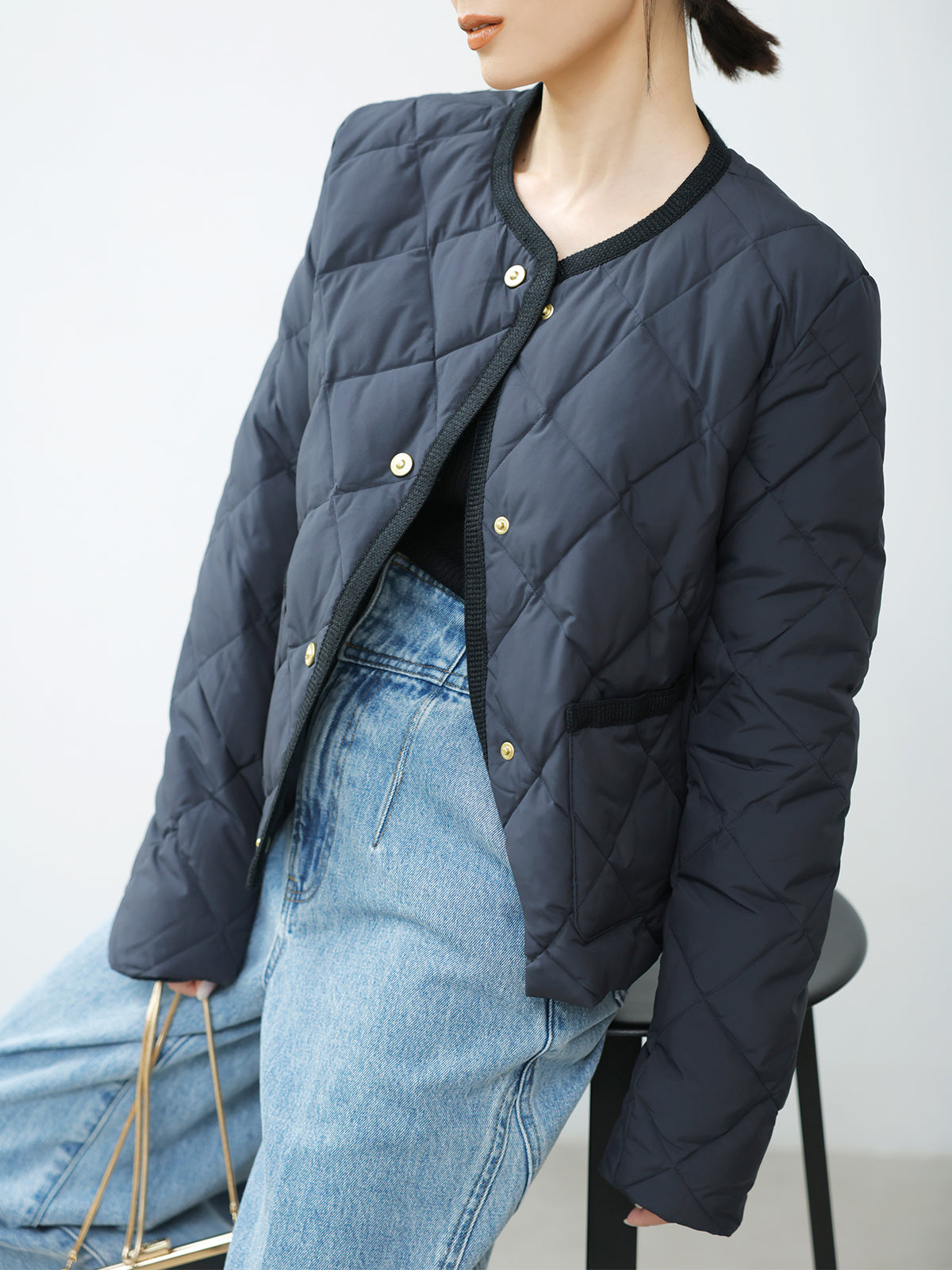 【TAION】ノーカラーキルティングショートダウン