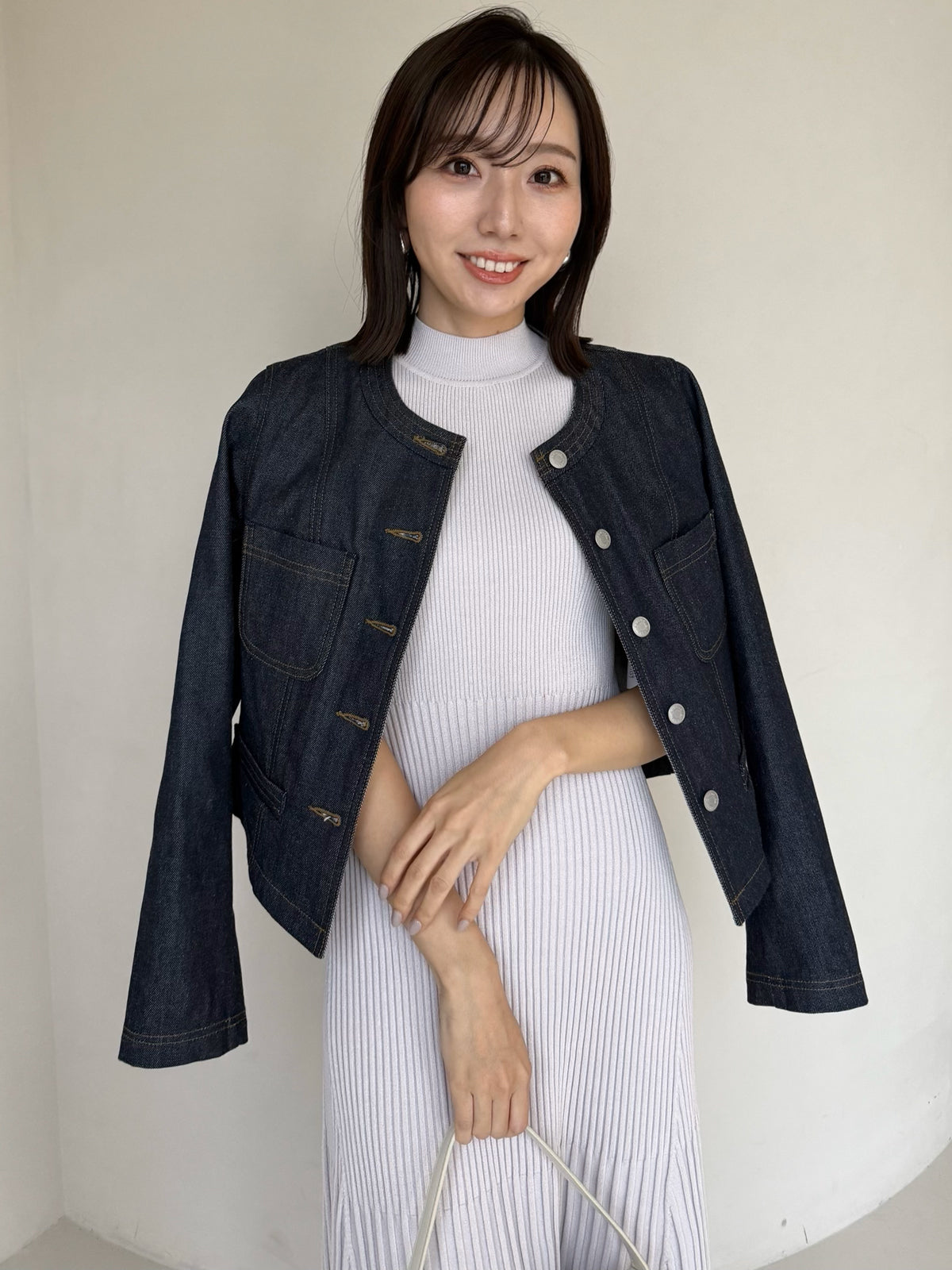 ノーカラーデニムジャケット