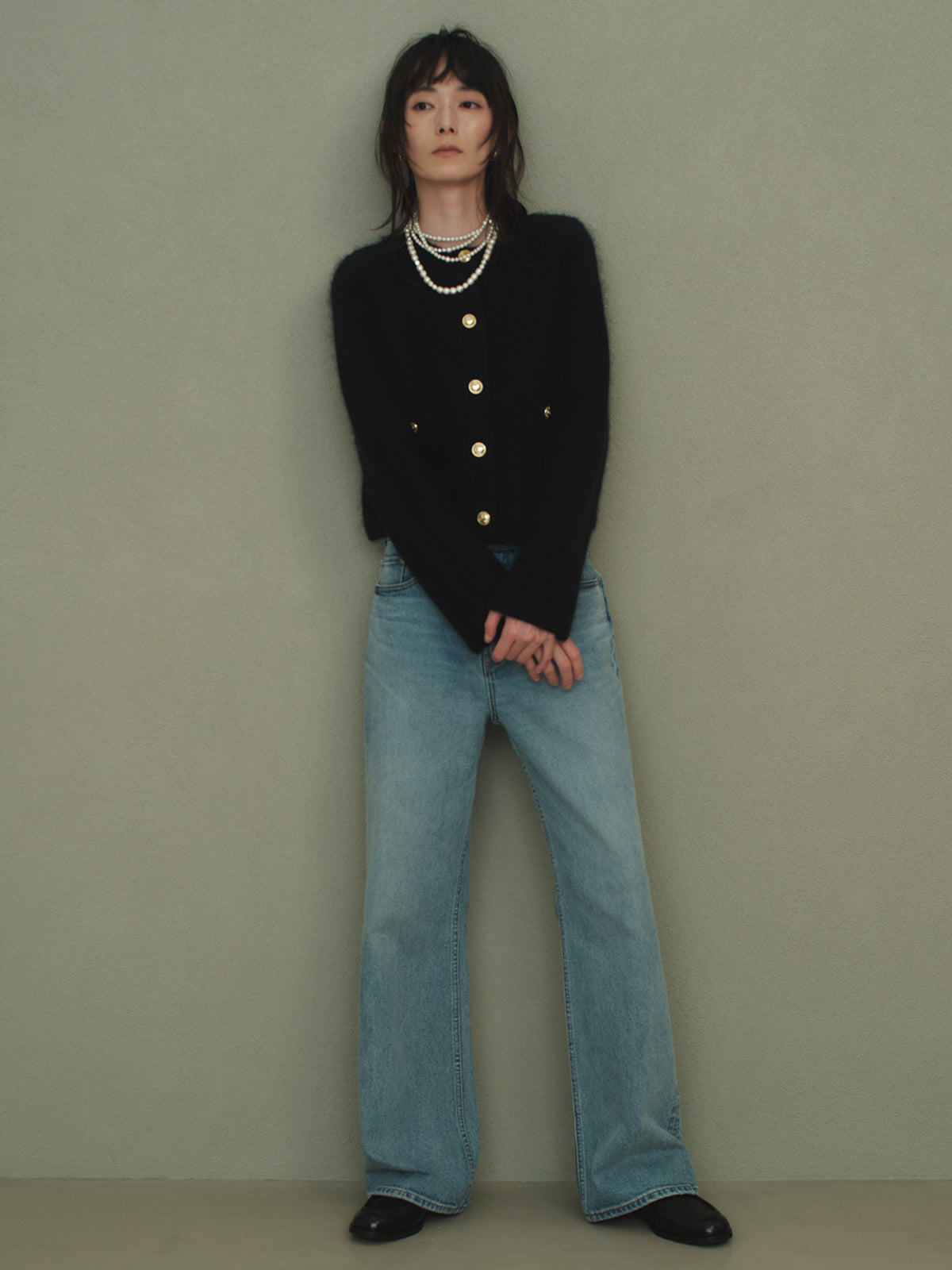 カシミヤブレンドノーカラーニットジャケット