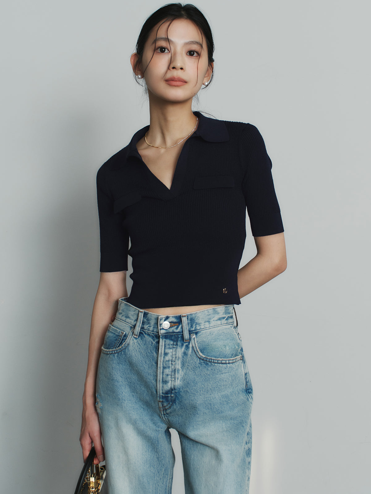 アセテートスキッパーリブニットトップス