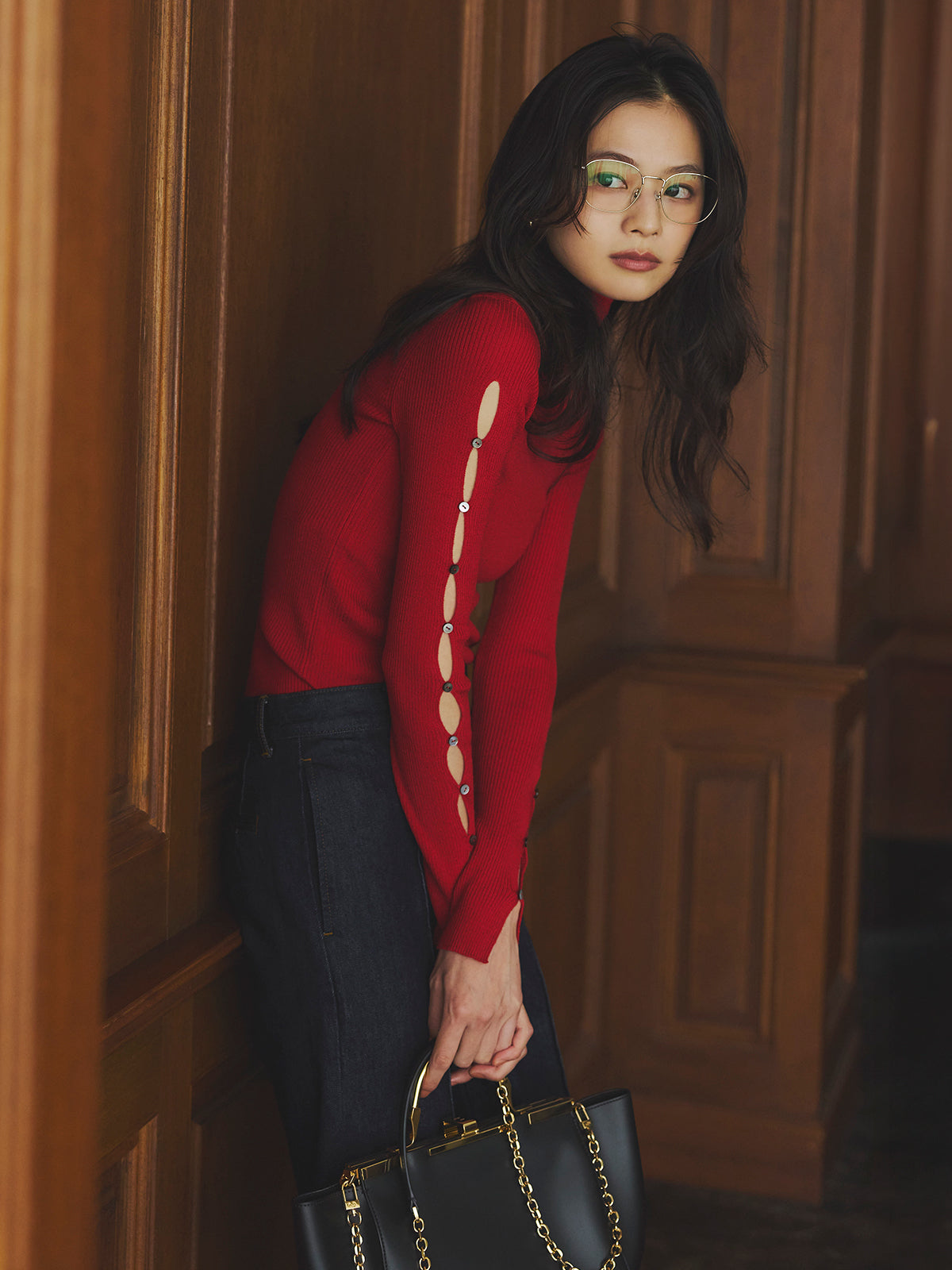 スラッシュリブニットトップス