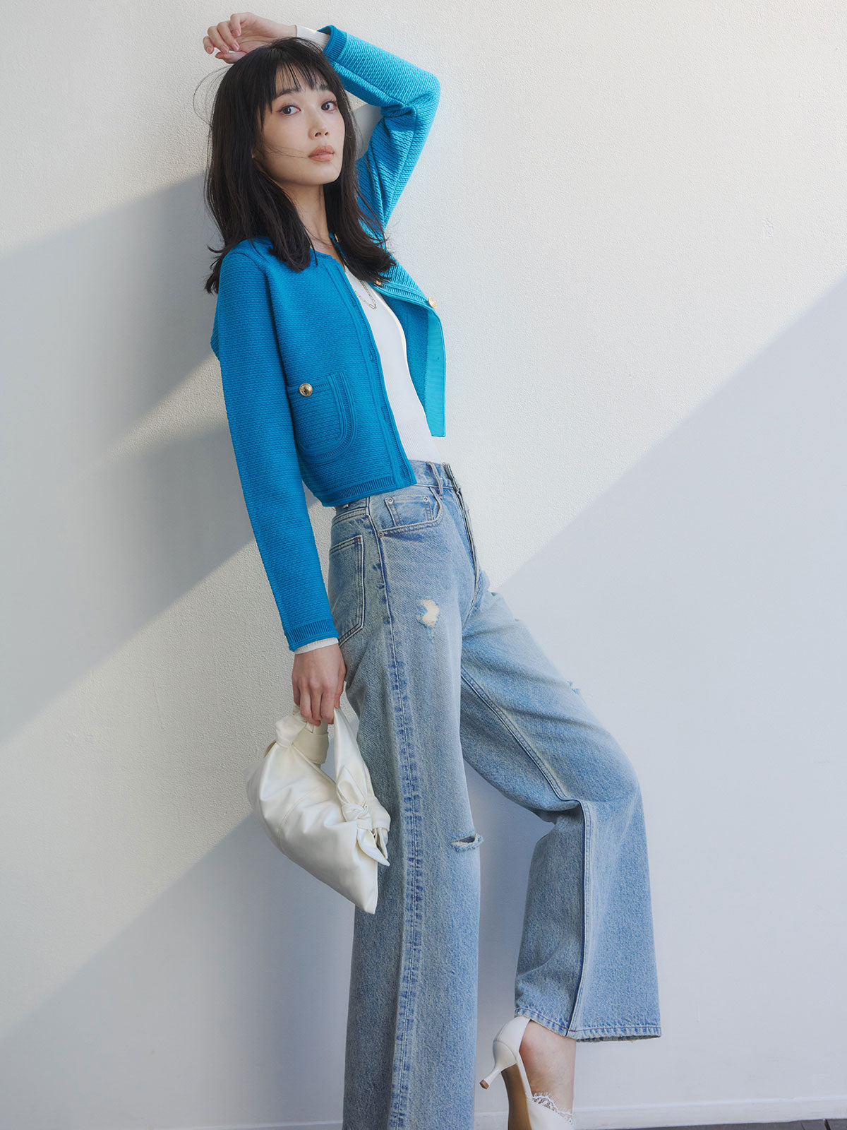 ノーカラーラーベンニットジャケット