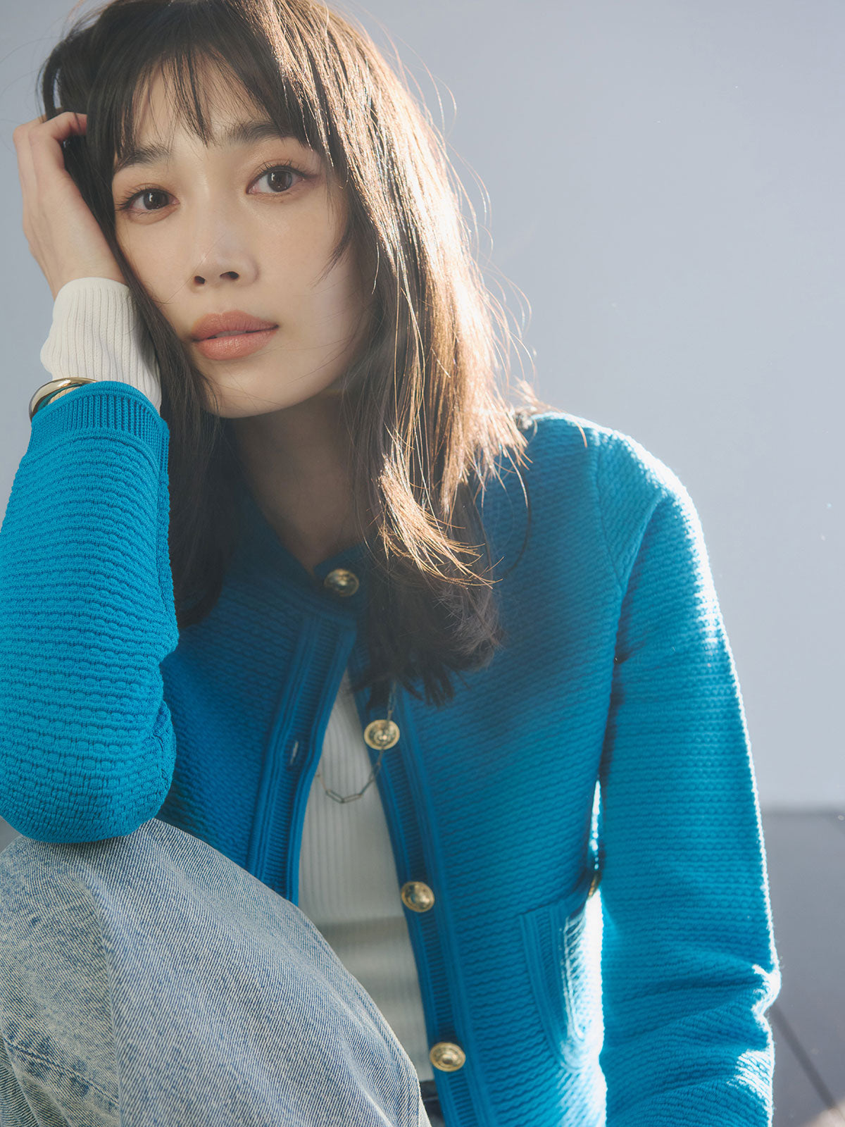 ノーカラーラーベンニットジャケット