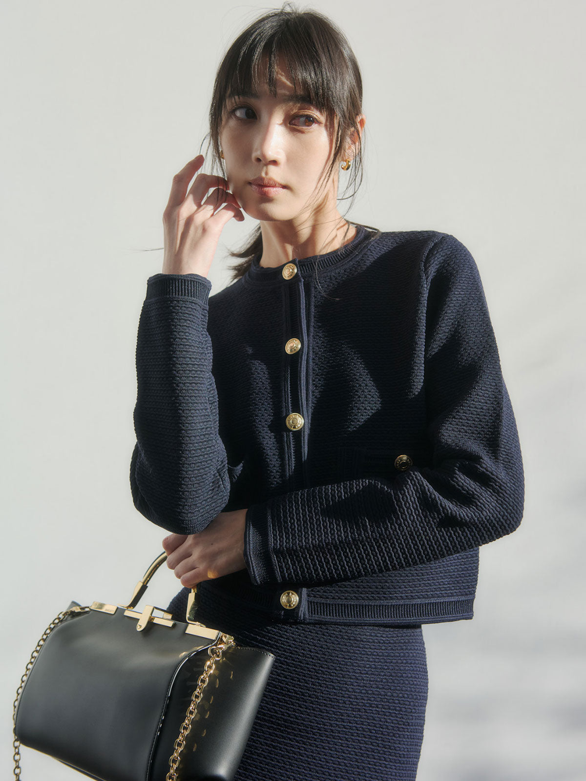 ノーカラーラーベンニットジャケット