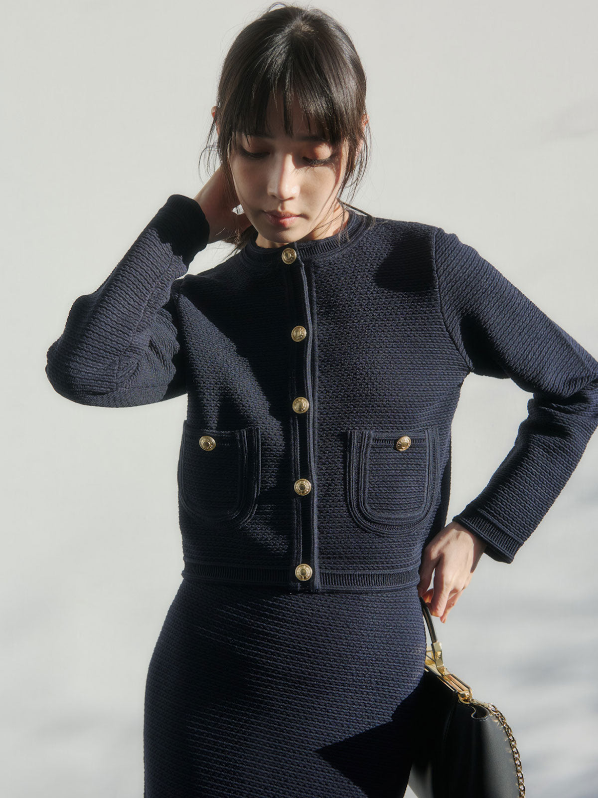 ノーカラーラーベンニットジャケット