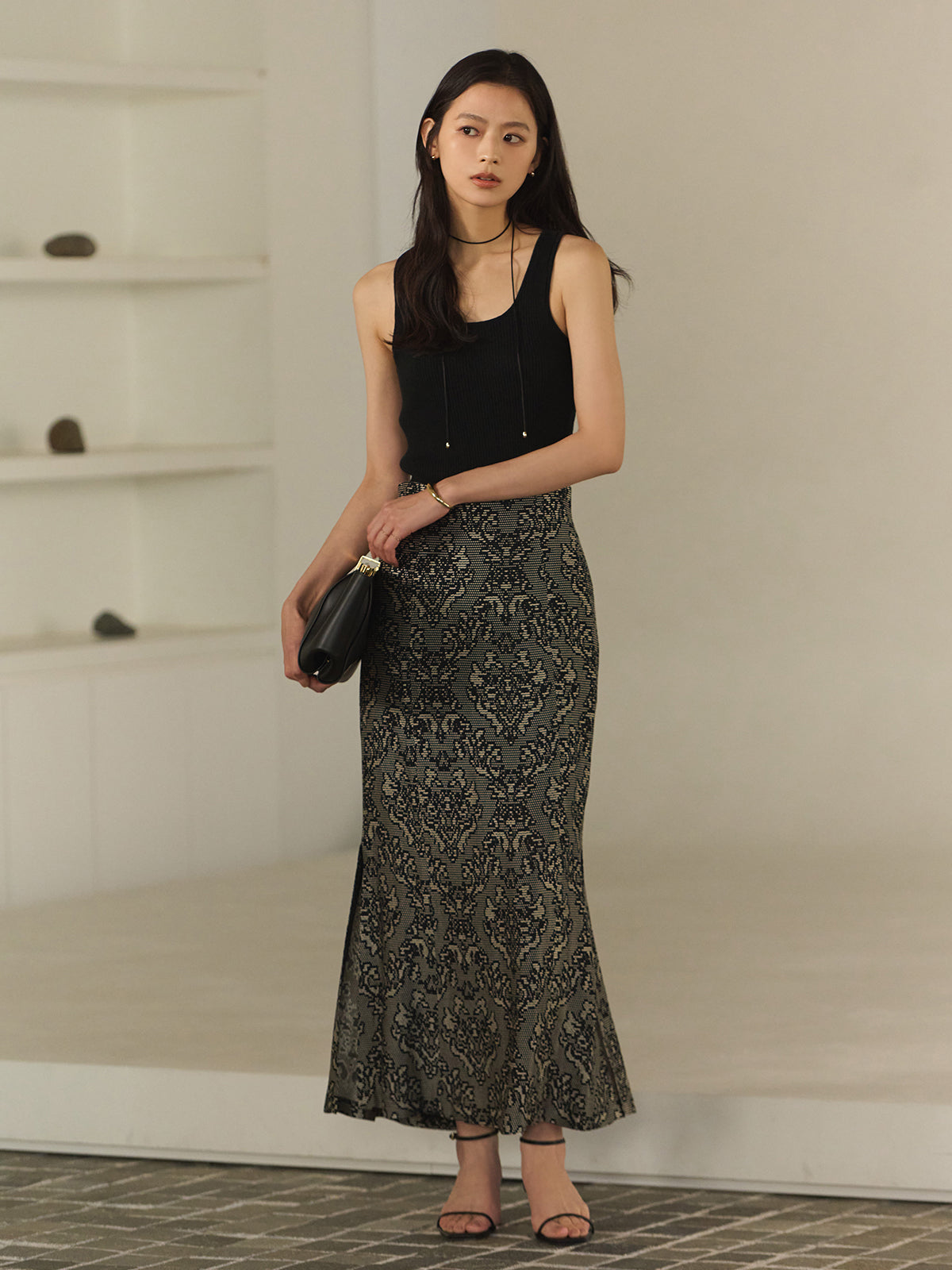 High Waist Jacquard Narrow Skirt