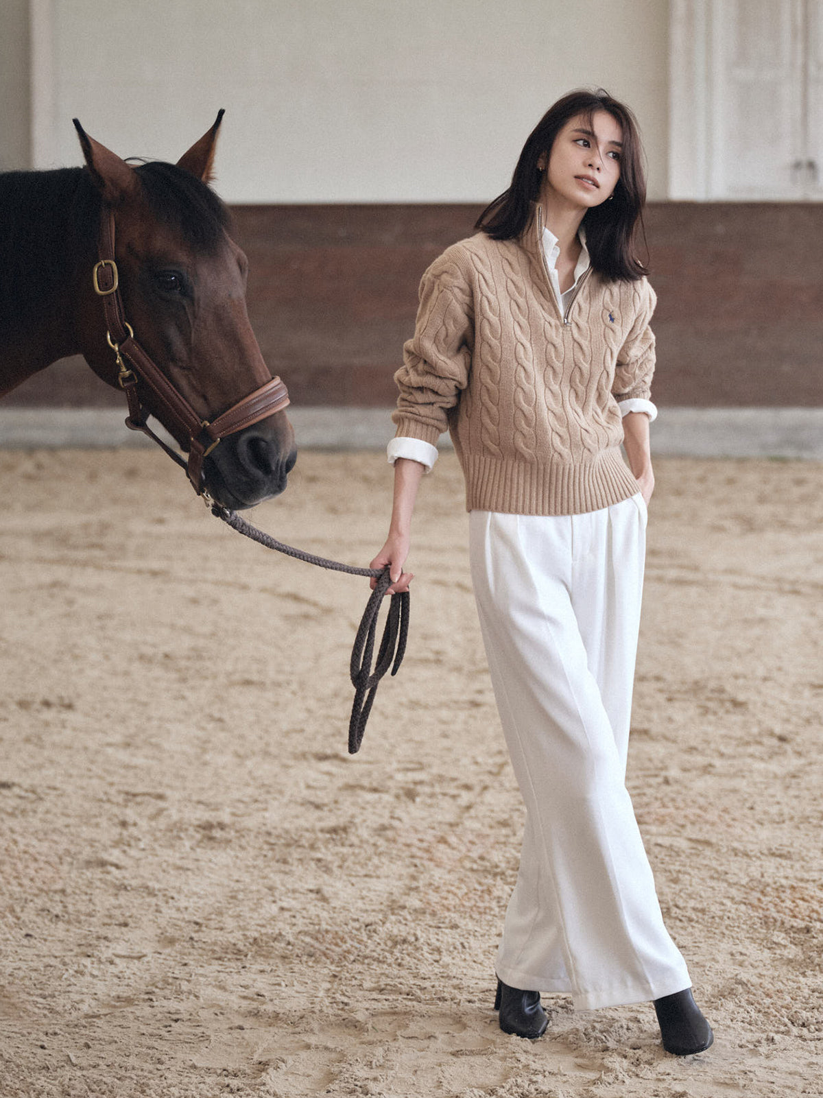 【POLO RALPH LAUREN】Wool-Cashmere Cable Half-Zip Sweater