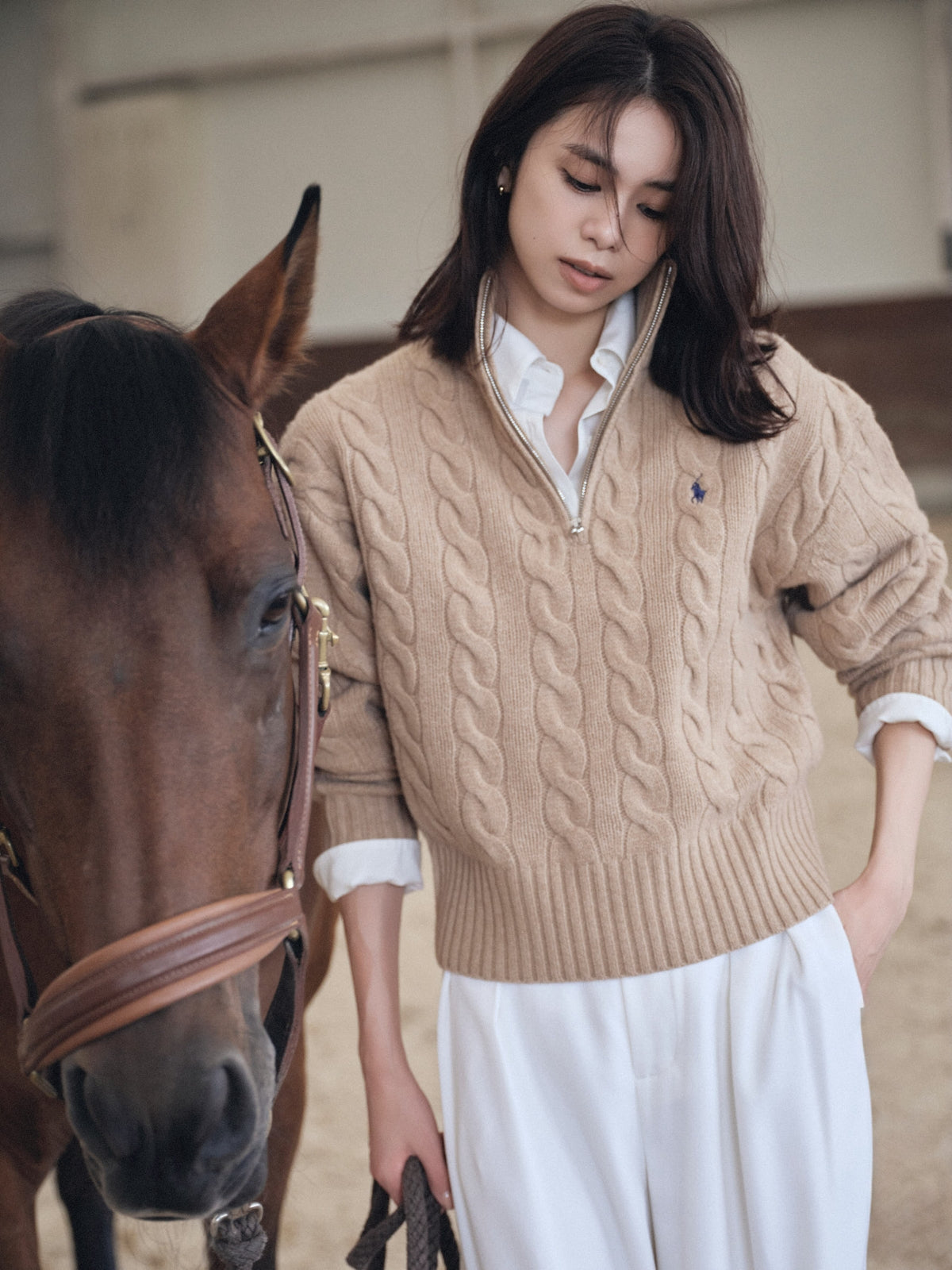 【POLO RALPH LAUREN】Wool-Cashmere Cable Half-Zip Sweater