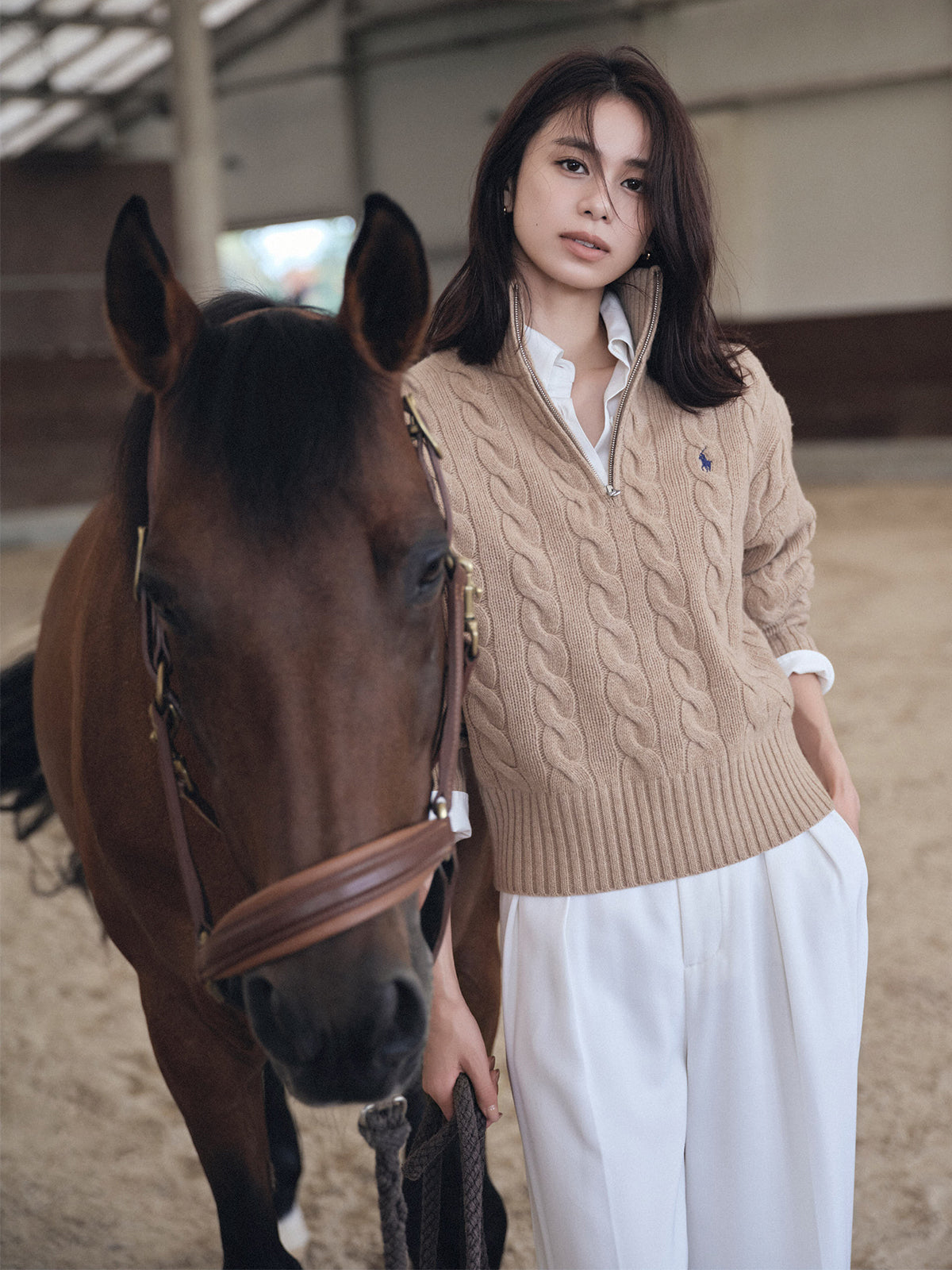 【POLO RALPH LAUREN】Wool-Cashmere Cable Half-Zip Sweater