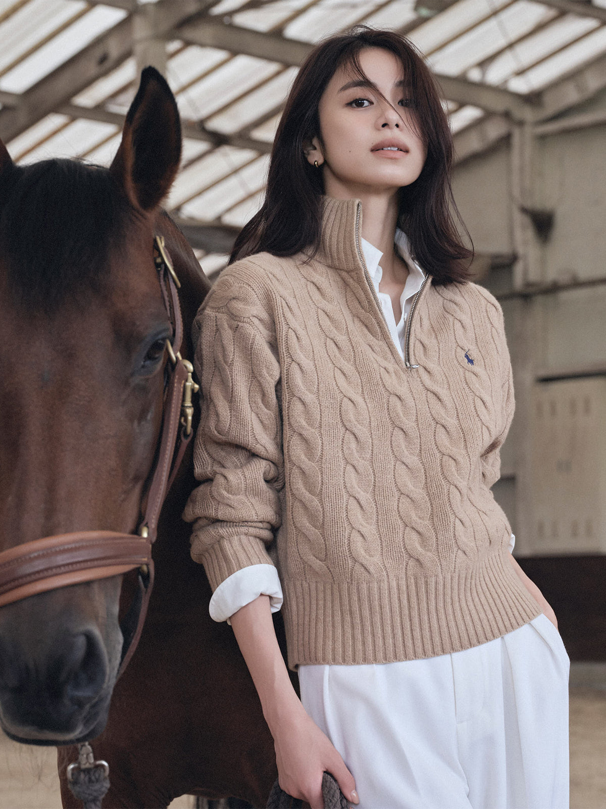 【POLO RALPH LAUREN】Wool-Cashmere Cable Half-Zip Sweater