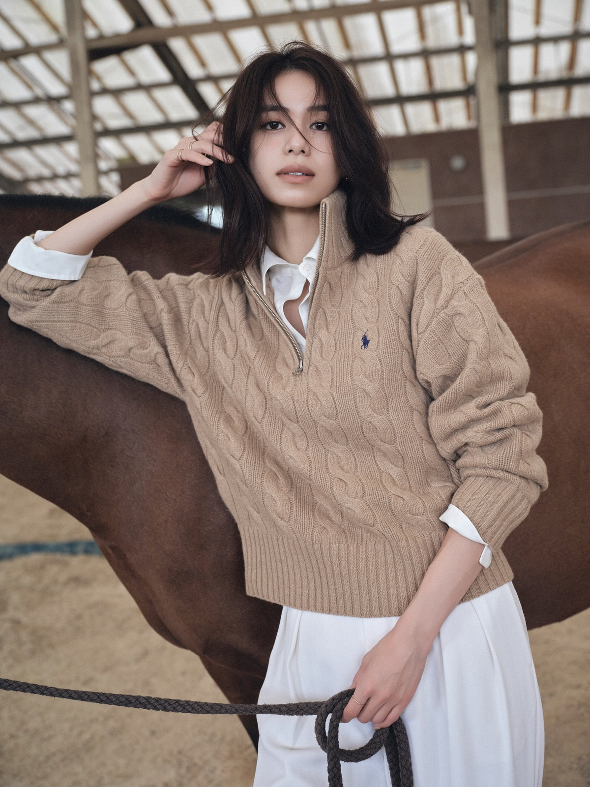 【POLO RALPH LAUREN】Wool-Cashmere Cable Half-Zip Sweater