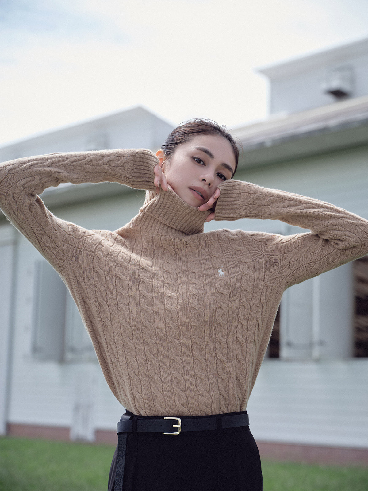 【POLO RALPH LAUREN】Wool-Cashmere Cable Turtleneck Sweater
