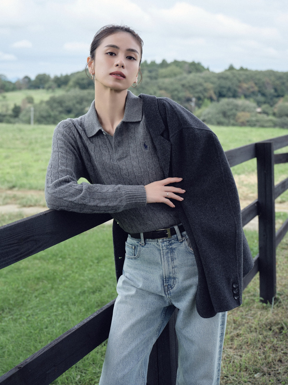 【POLO RALPH LAUREN】Wool-Cashmere Cable Polo Sweater