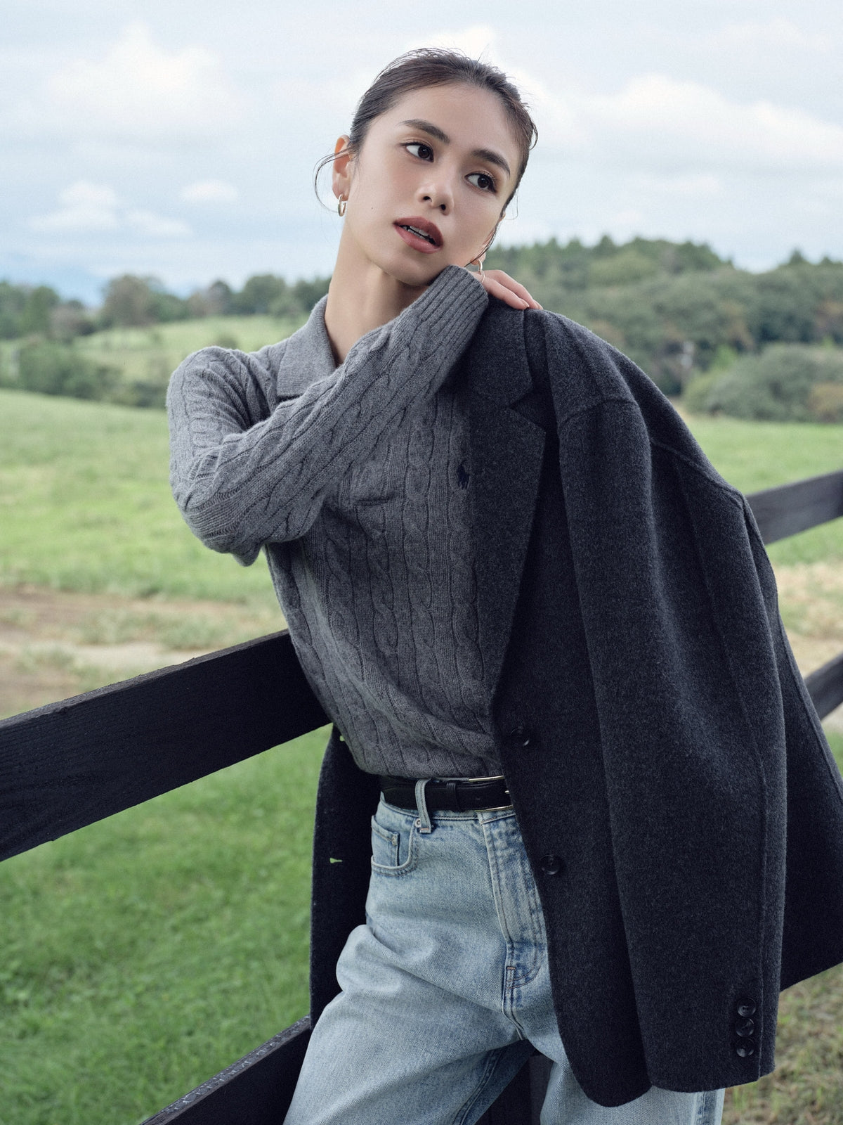 【POLO RALPH LAUREN】Wool-Cashmere Cable Polo Sweater