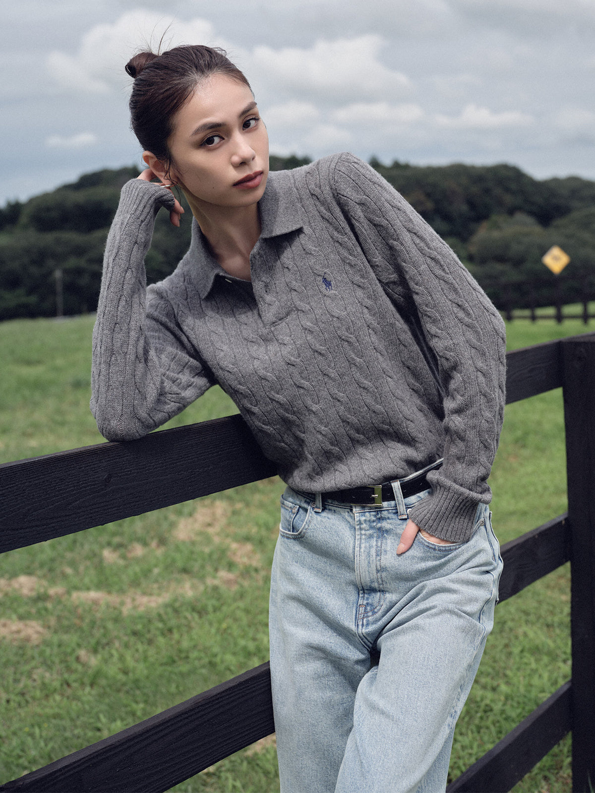 【POLO RALPH LAUREN】Wool-Cashmere Cable Polo Sweater