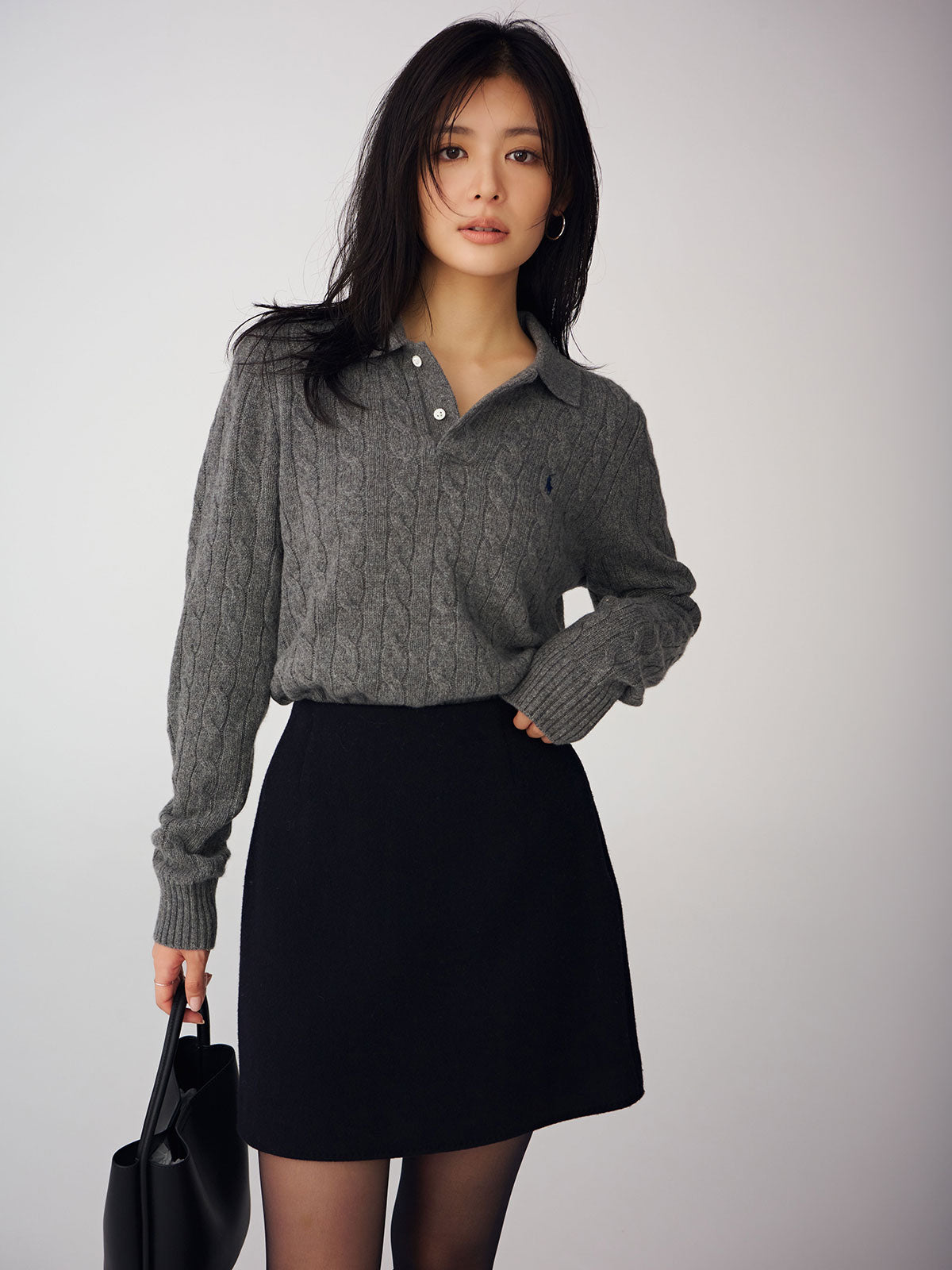 【POLO RALPH LAUREN】Wool-Cashmere Cable Polo Sweater