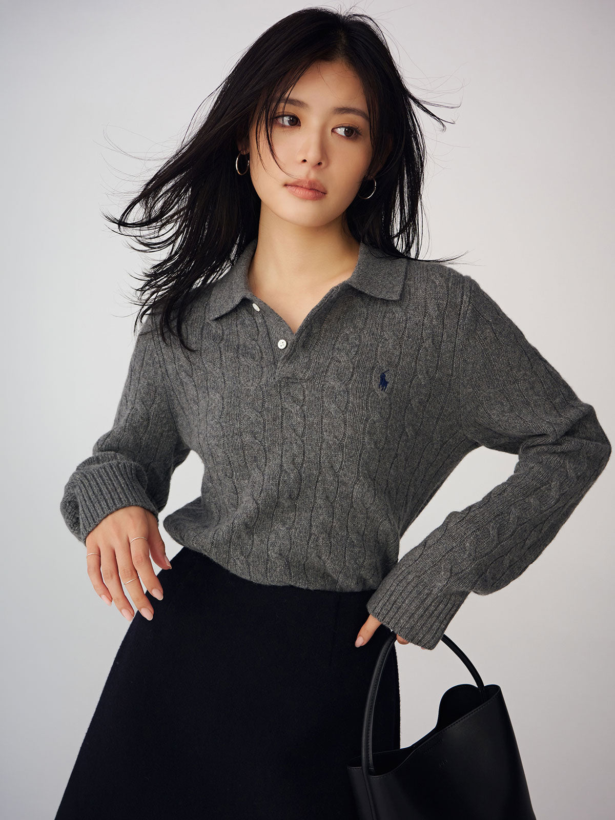【POLO RALPH LAUREN】Wool-Cashmere Cable Polo Sweater
