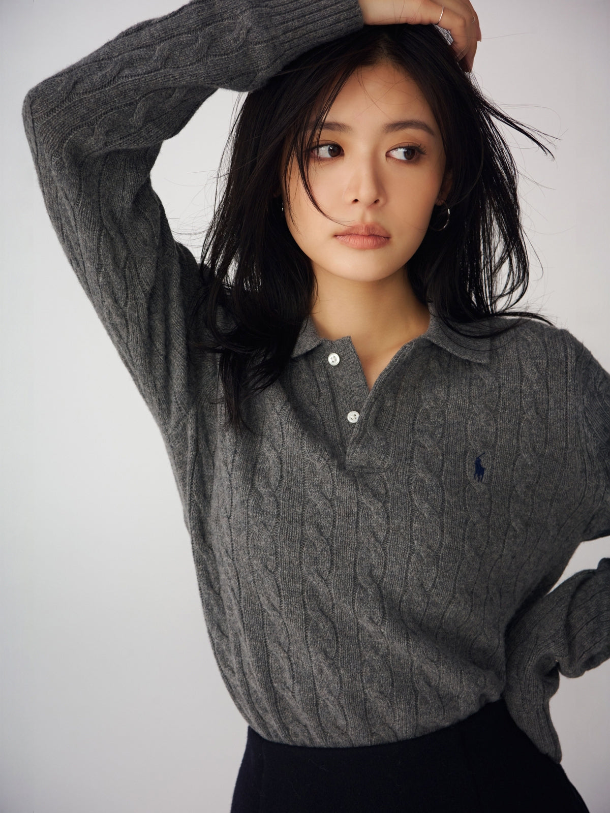 【POLO RALPH LAUREN】Wool-Cashmere Cable Polo Sweater