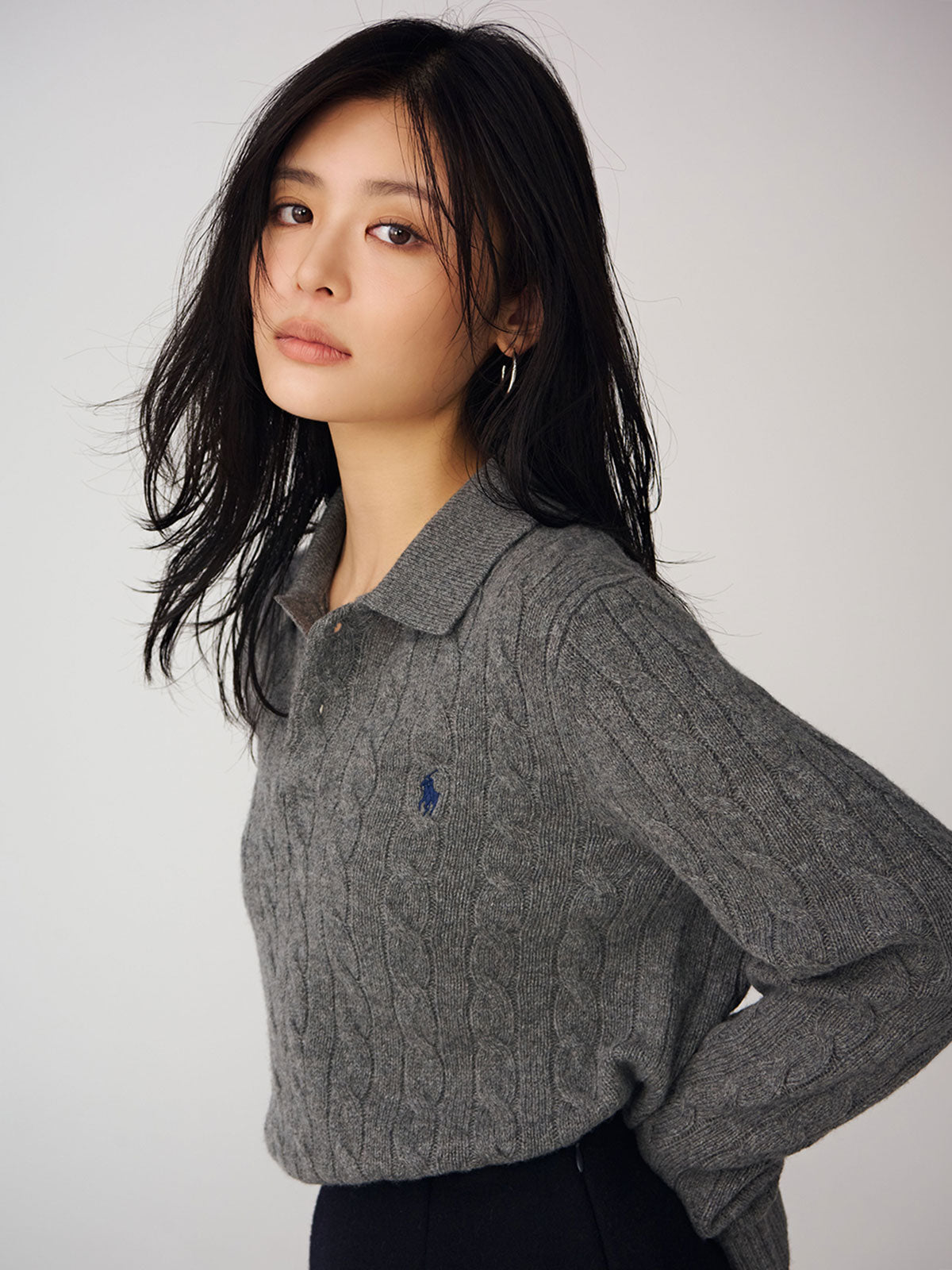 【POLO RALPH LAUREN】Wool-Cashmere Cable Polo Sweater