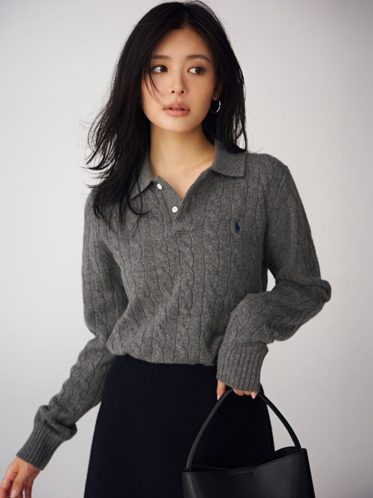 【POLO RALPH LAUREN】Wool-Cashmere Cable Polo Sweater