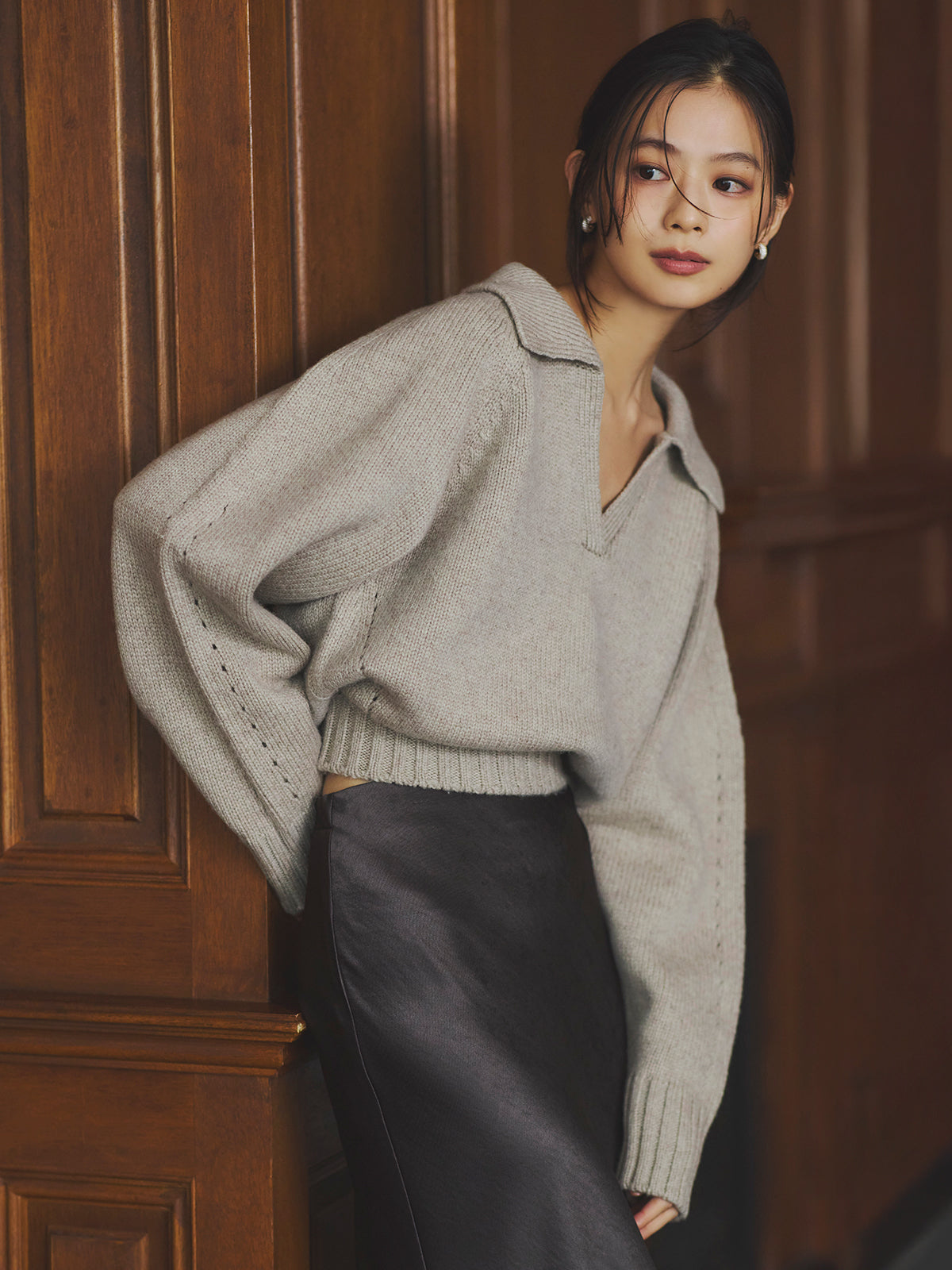 立领混色针织套头衫