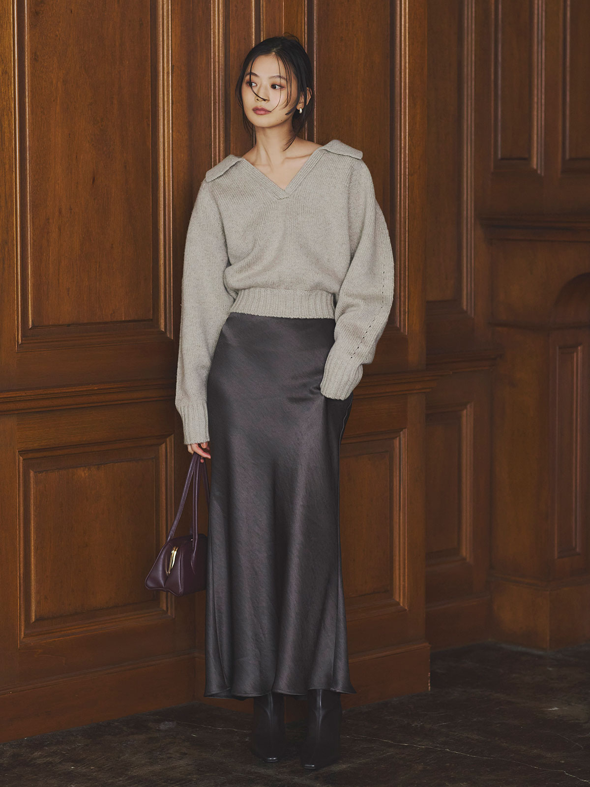 立领混色针织套头衫