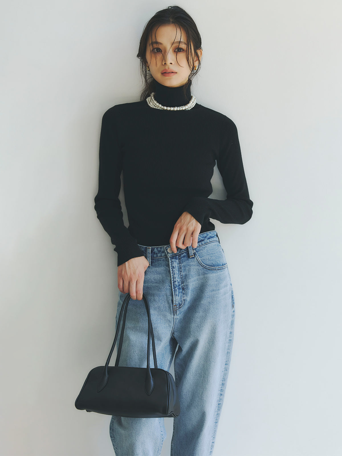 シルクカシミアブレンドフィットリブタートルニット