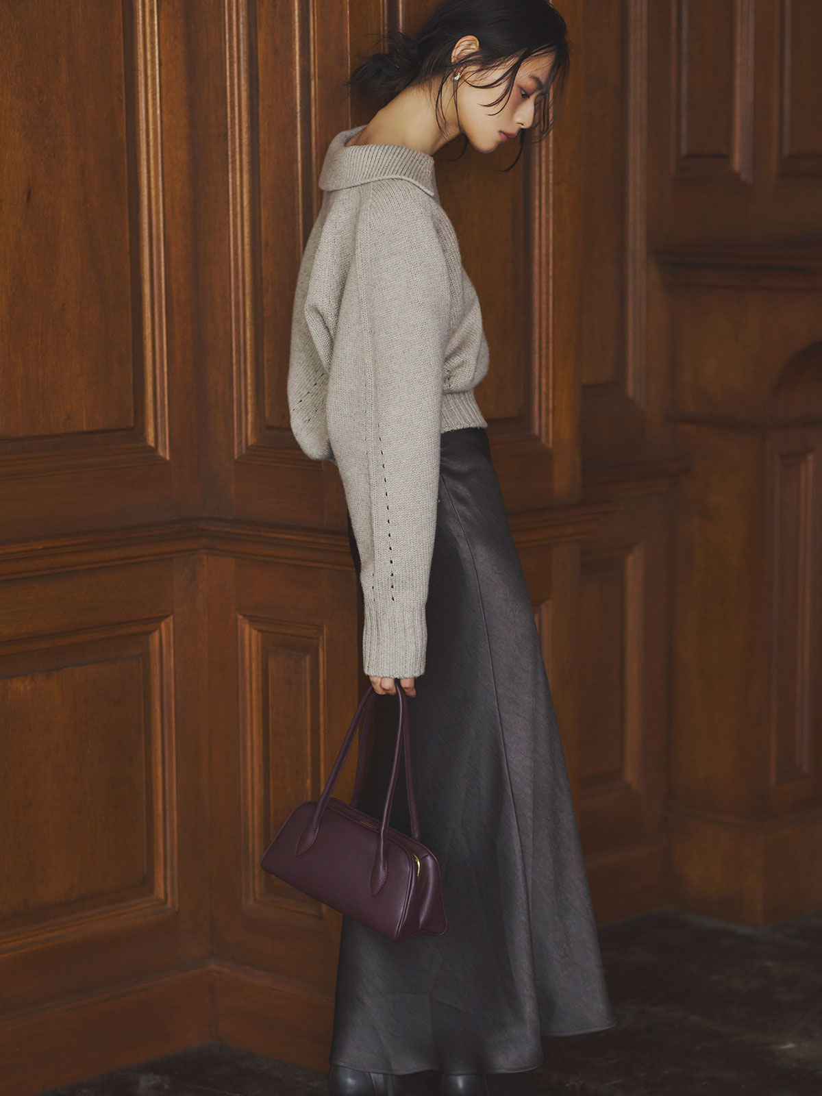 立领混色针织套头衫