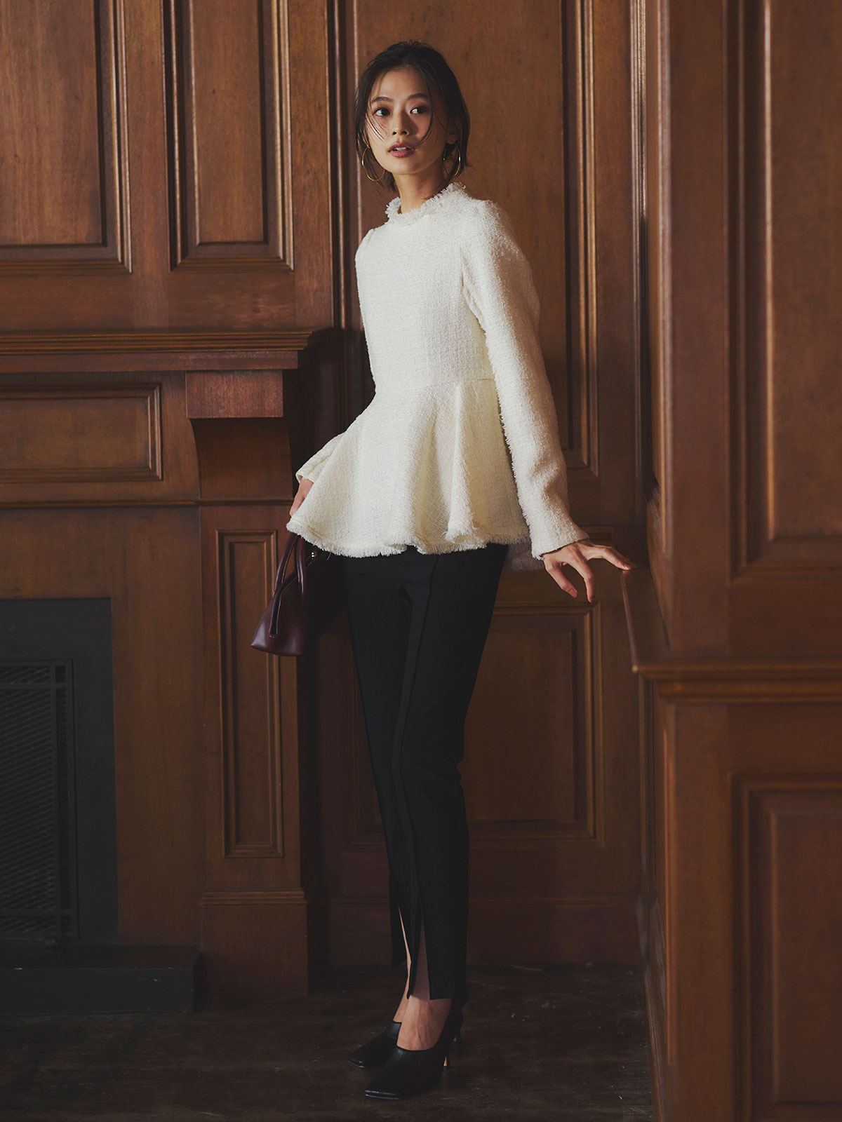 ツイードペプラムブラウス