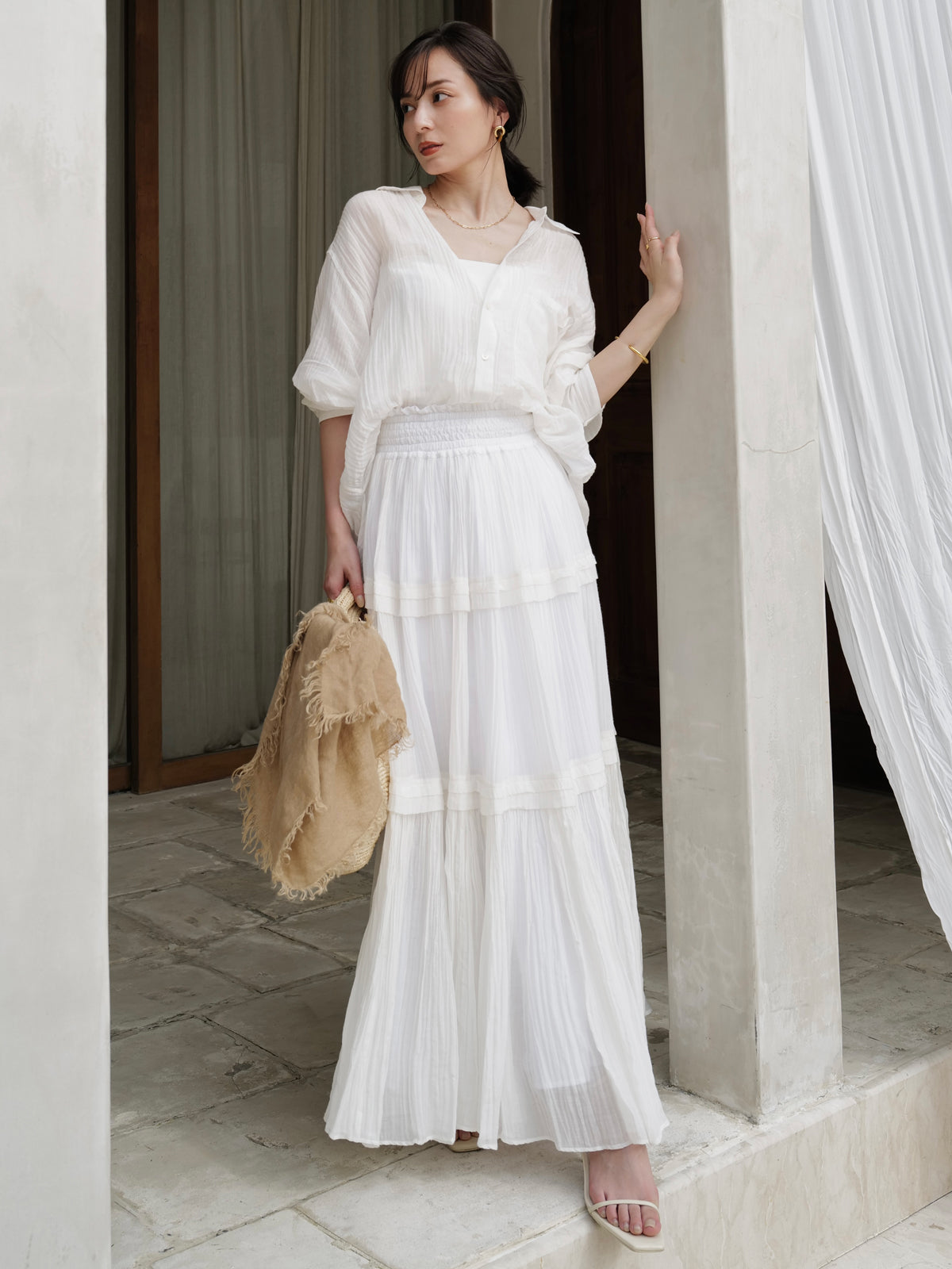 Indiaシルクブレンドティアードスカート