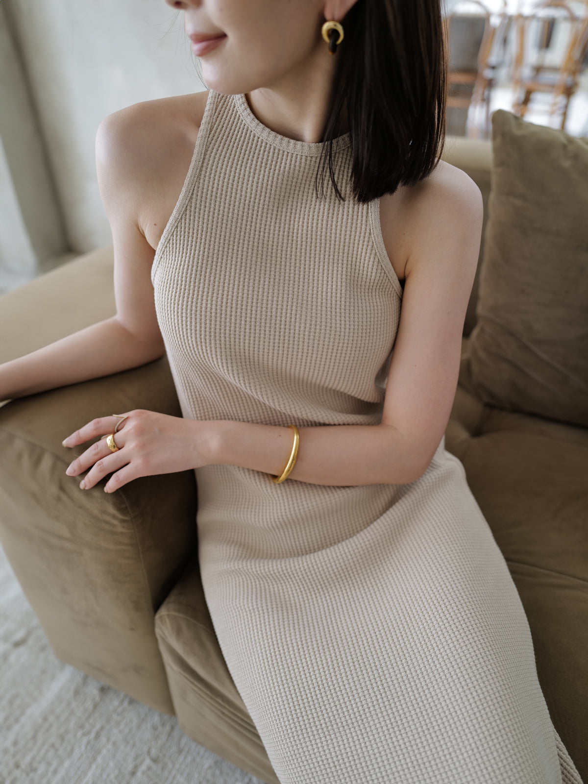 华夫格窄身连衣裙