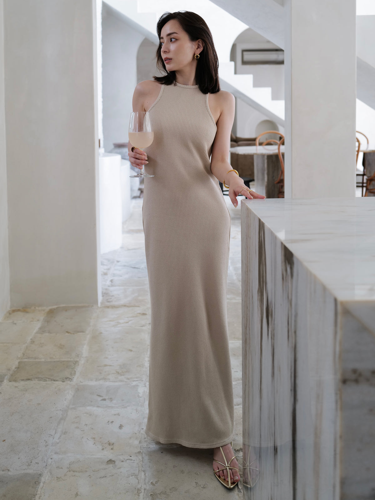 华夫格窄身连衣裙