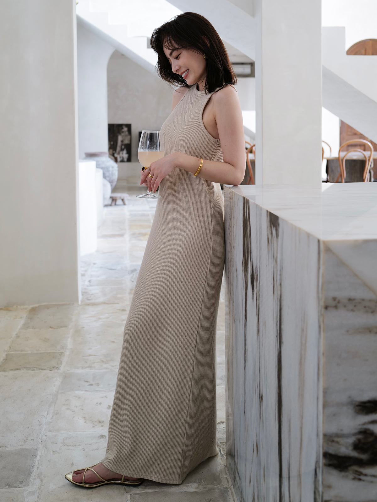 华夫格窄身连衣裙