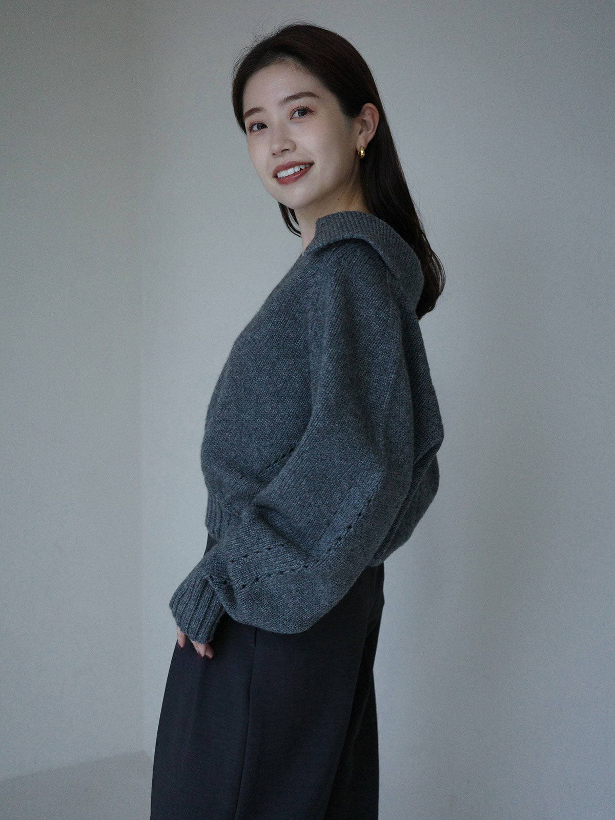 立领混色针织套头衫