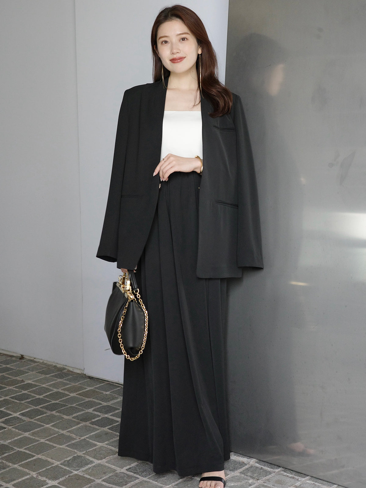 ライトダブルサテンハイウエストパンツ