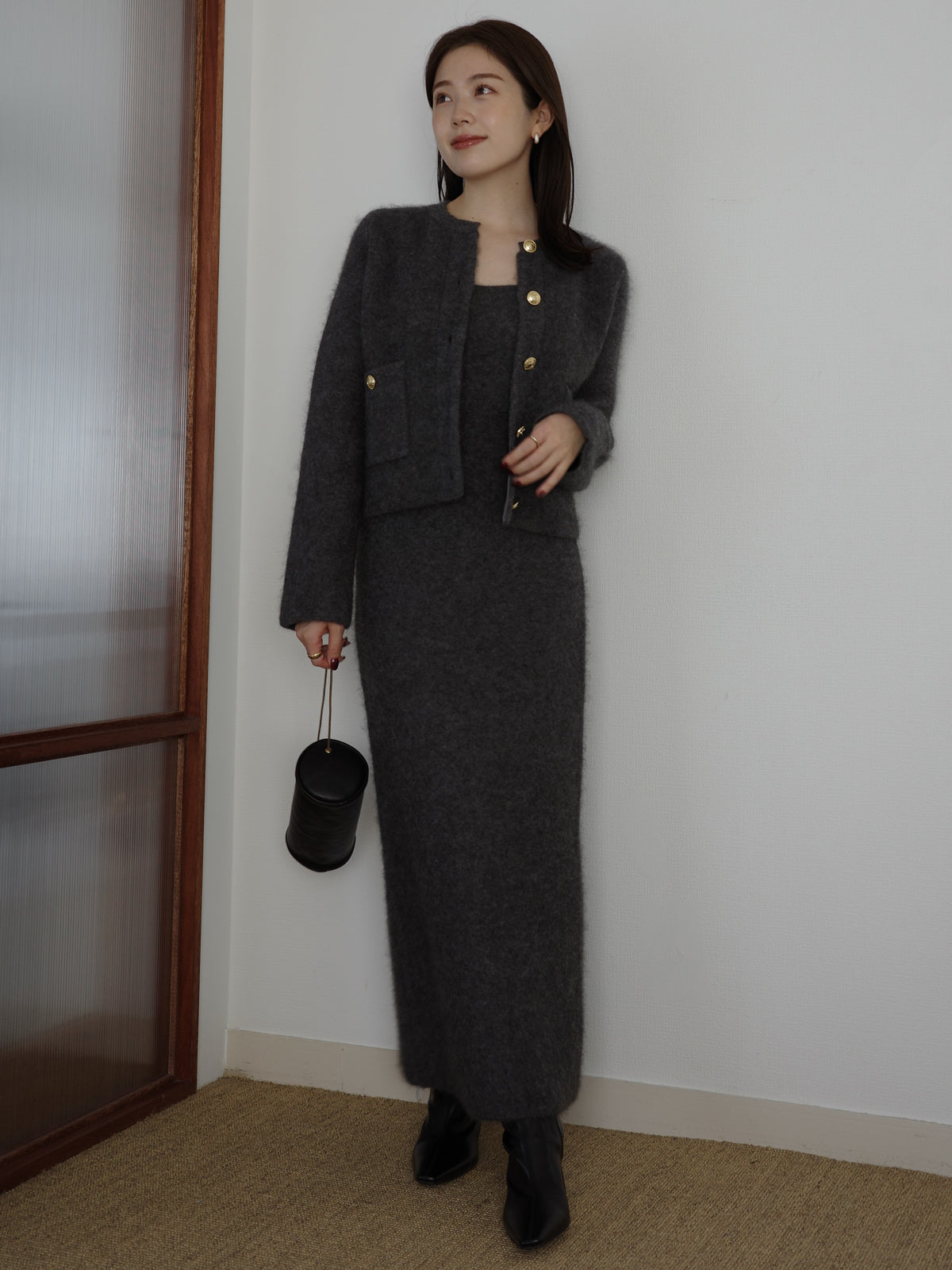 カシミヤブレンドノーカラーニットジャケット