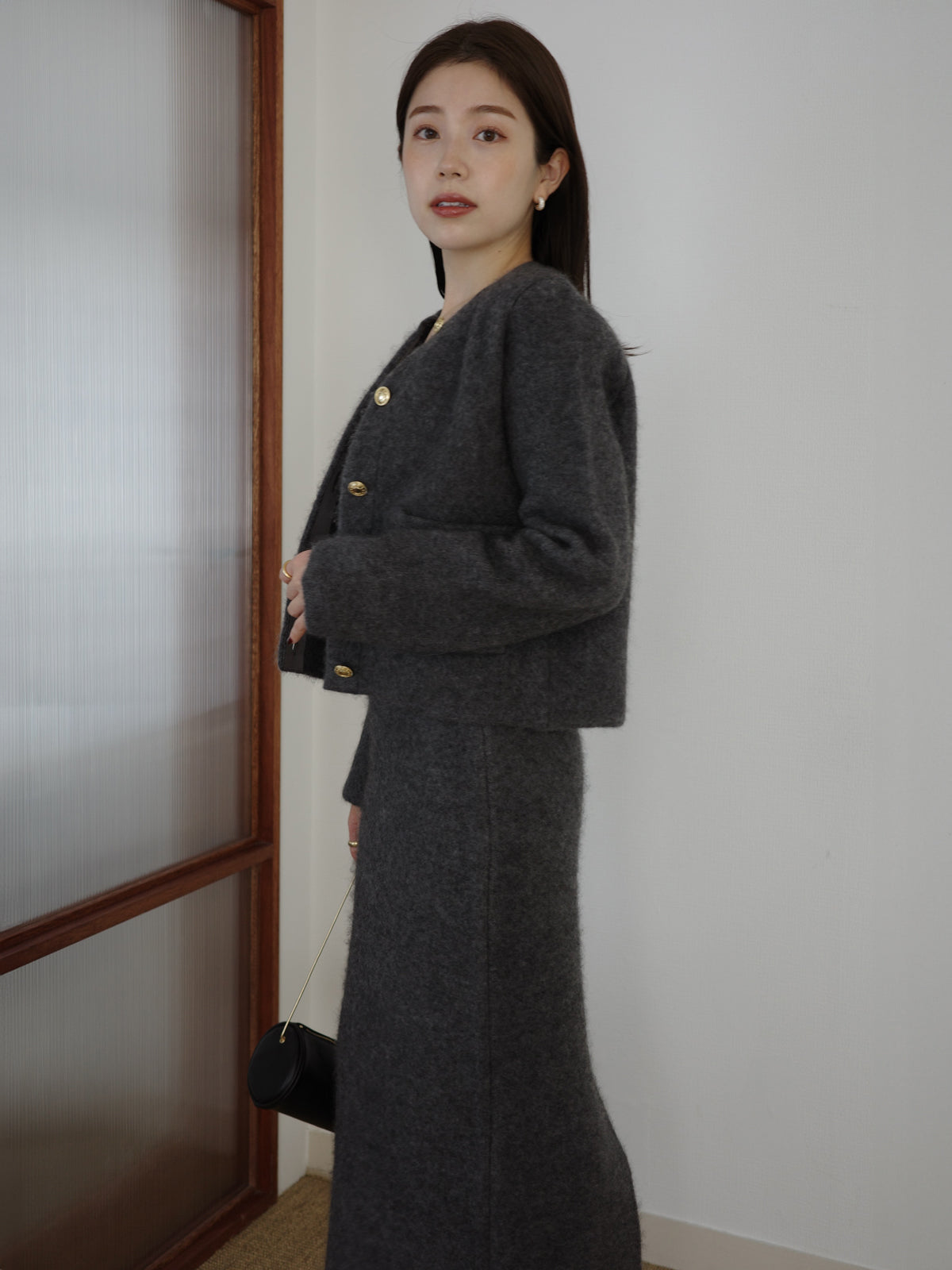 カシミヤブレンドノーカラーニットジャケット