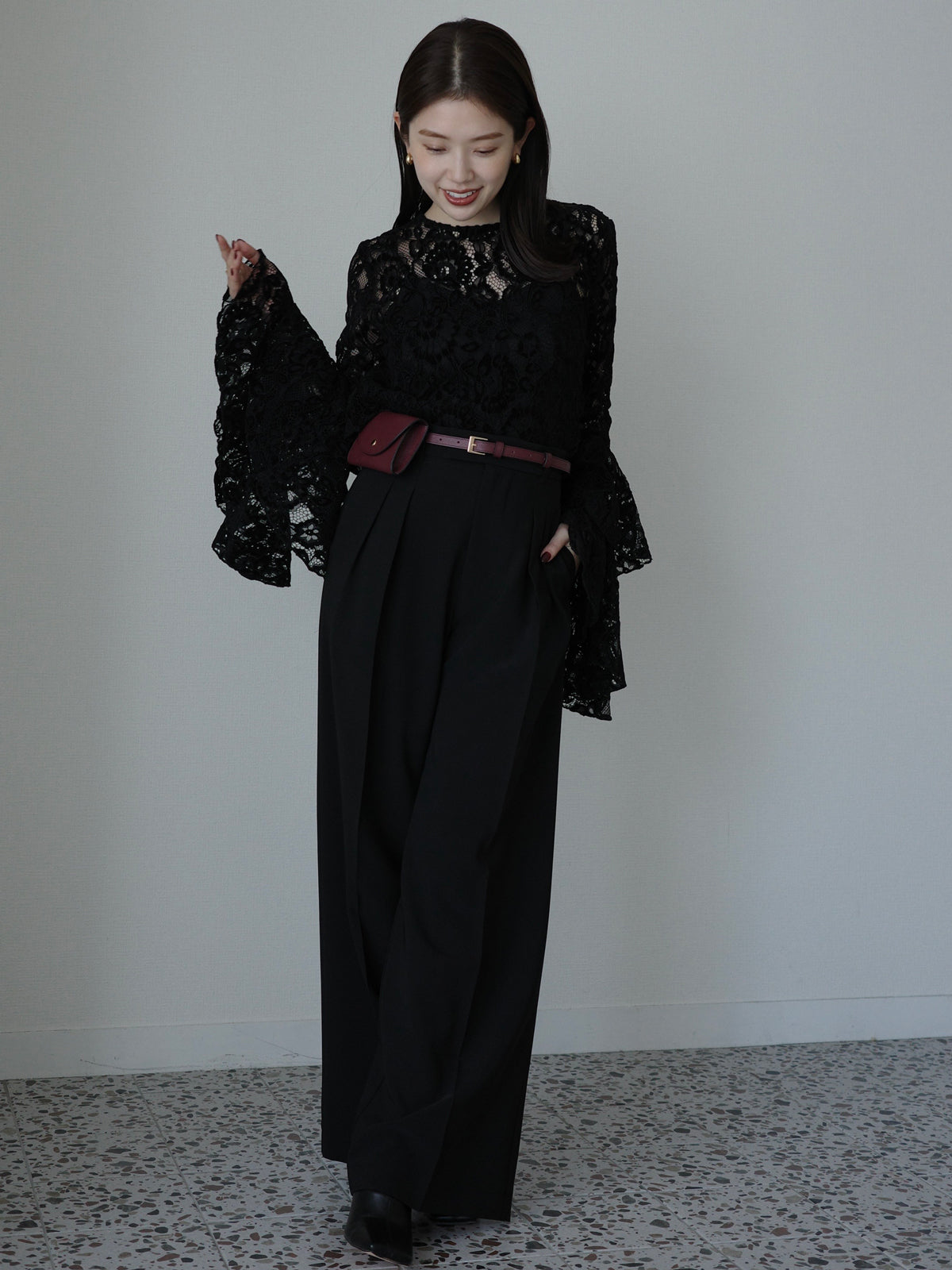 ベロアレースボリュームスリーブブラウス